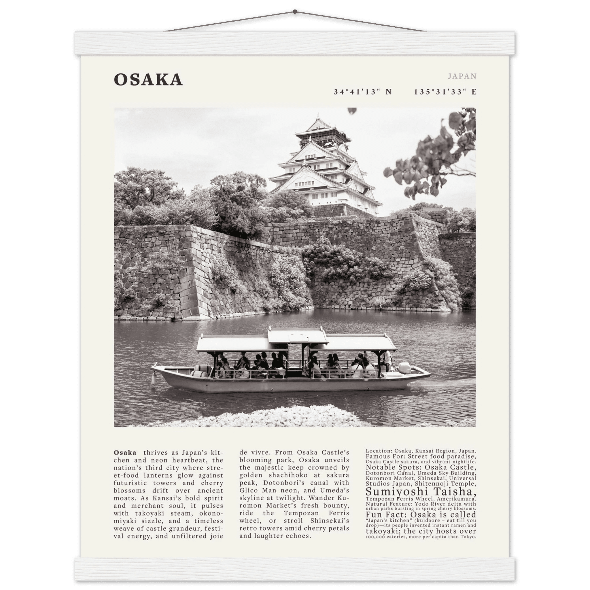 Osaka Poster Black and White – Vintage Osaka Castle Cherry Blossom Print (Digital & Printed Options) - Evergreen Posters