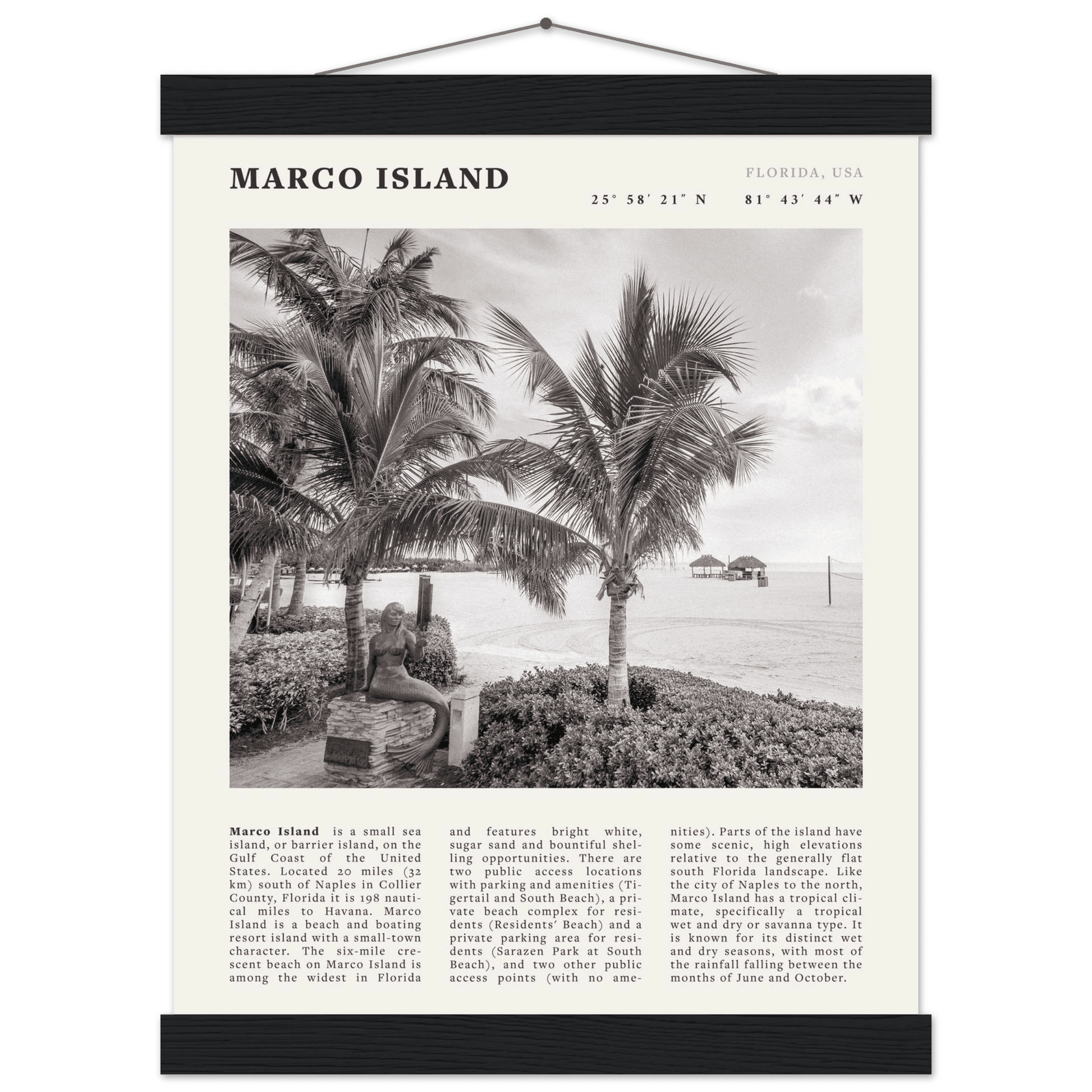 Marco Island Poster | Black & White Florida Beach Wall Art | Coastal Travel Print - Evergreen Posters