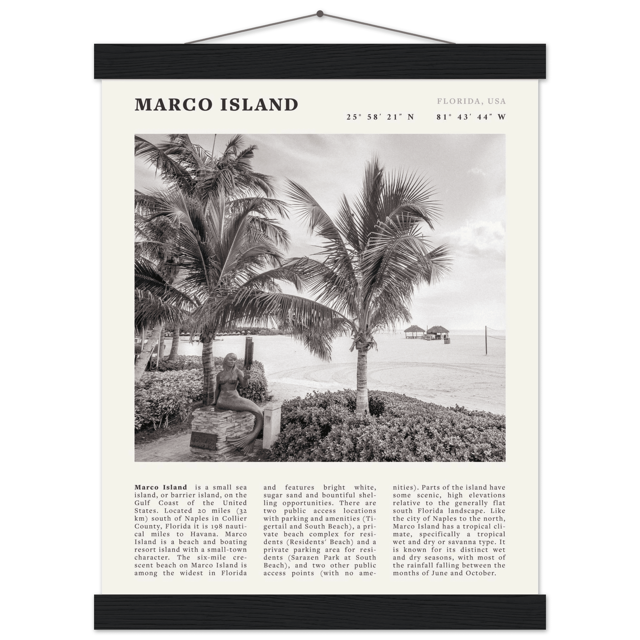 Marco Island Poster | Black & White Florida Beach Wall Art | Coastal Travel Print - Evergreen Posters