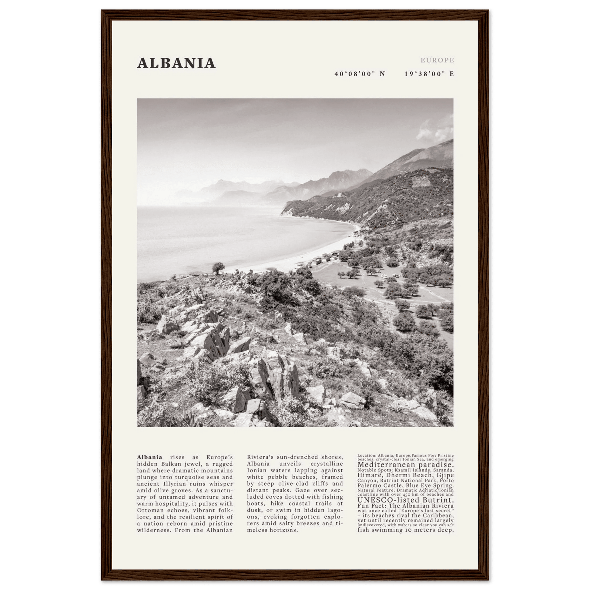 Albania Poster Black and White – Vintage Albanian Riviera Travel Print (Digital & Printed Options) - Evergreen Posters