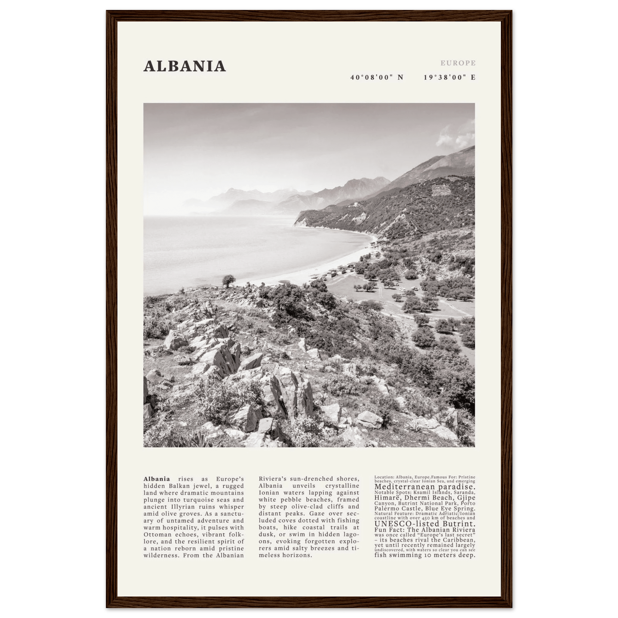 Albania Poster Black and White – Vintage Albanian Riviera Travel Print (Digital & Printed Options) - Evergreen Posters