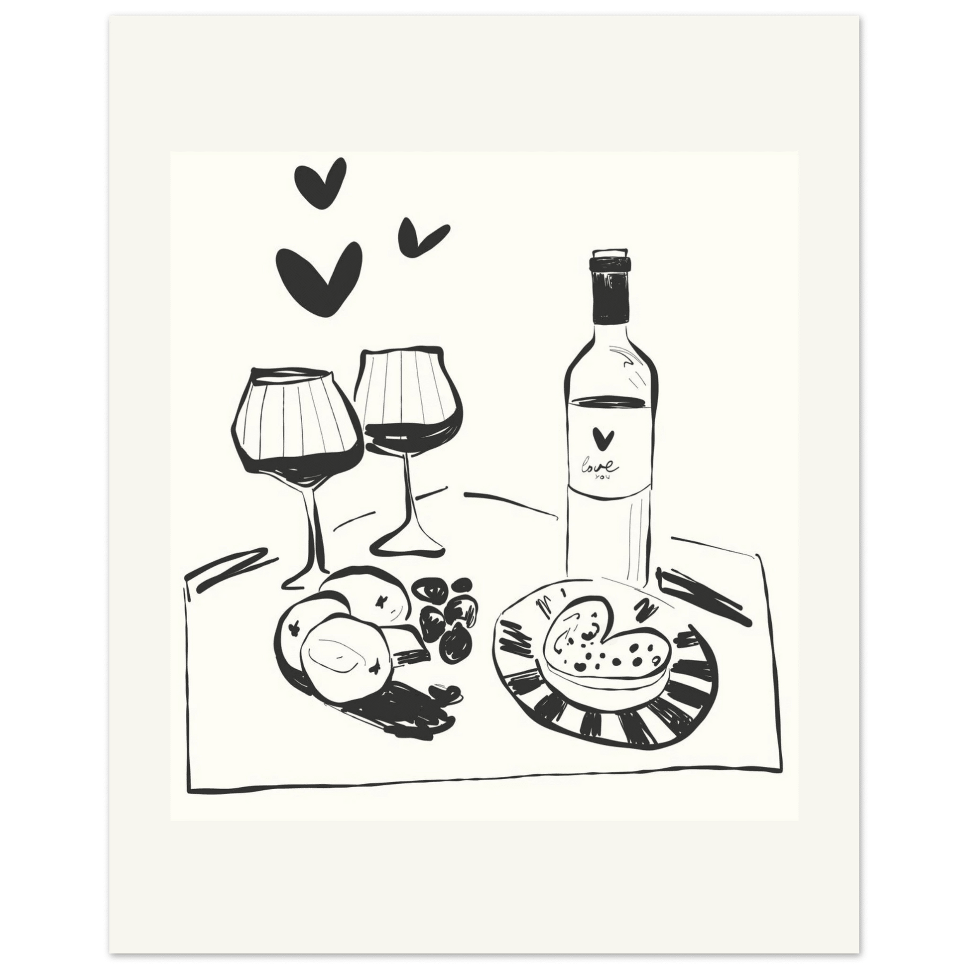 Wine for Two Print | Black Line Art Romantic Kitchen Wall Art | Couples Poster - Evergreen Posters