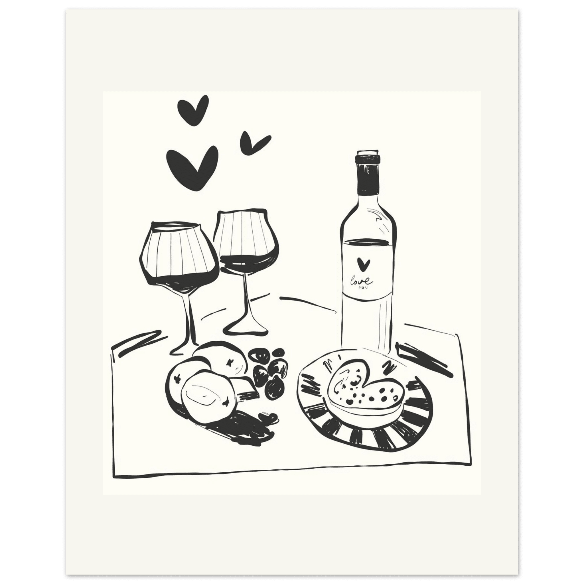 Wine for Two Print | Black Line Art Romantic Kitchen Wall Art | Couples Poster - Evergreen Posters