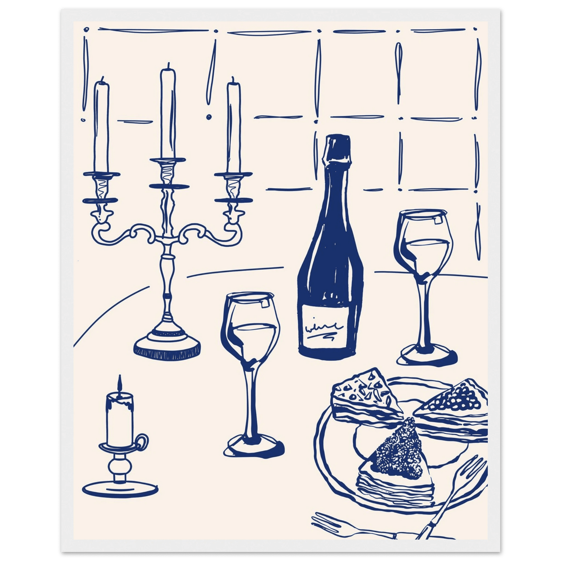 Candlelight Dinner Print | Navy Blue Wine & Candelabra Line Art | Kitchen Poster - Evergreen Posters