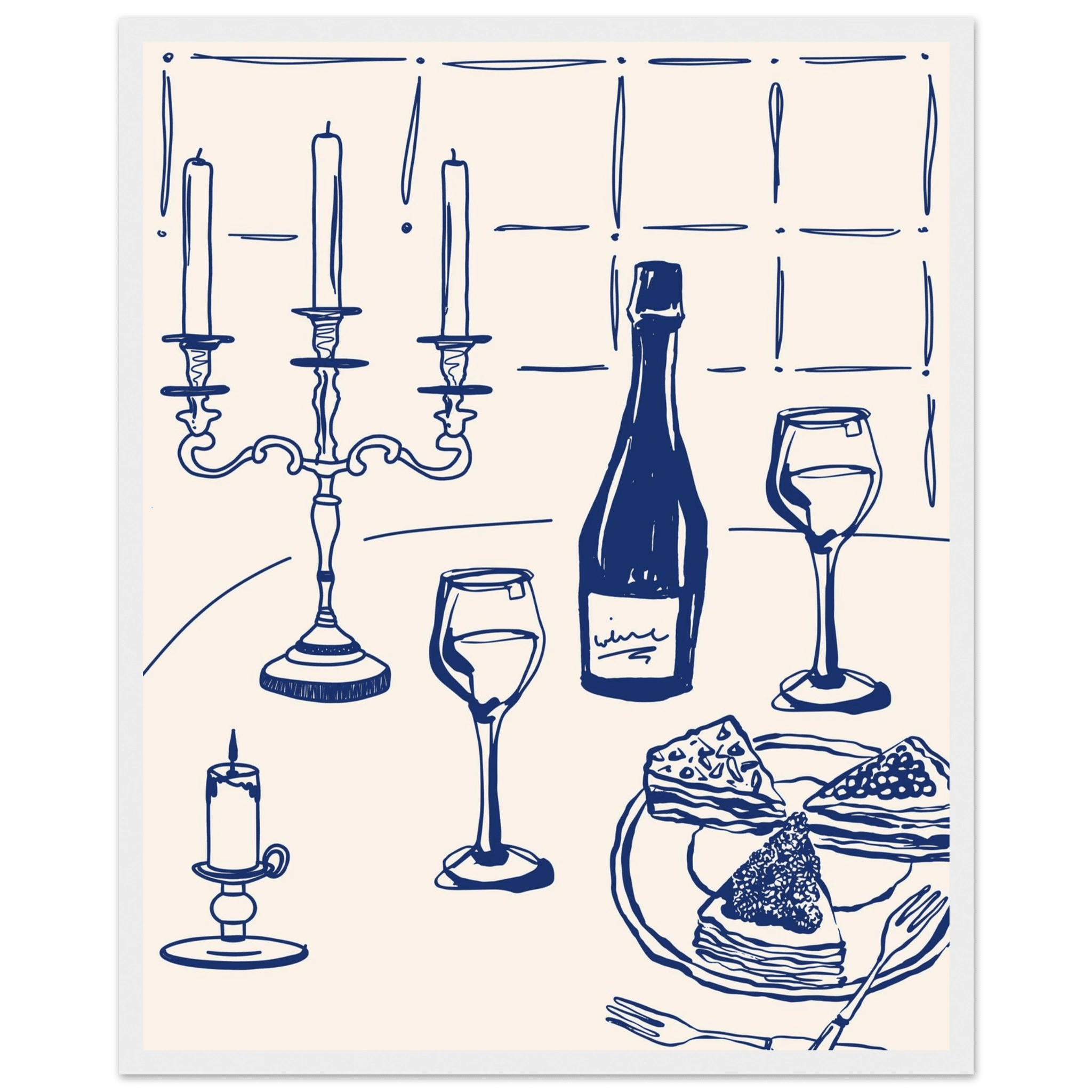 Candlelight Dinner Print | Navy Blue Wine & Candelabra Line Art | Kitchen Poster - Evergreen Posters