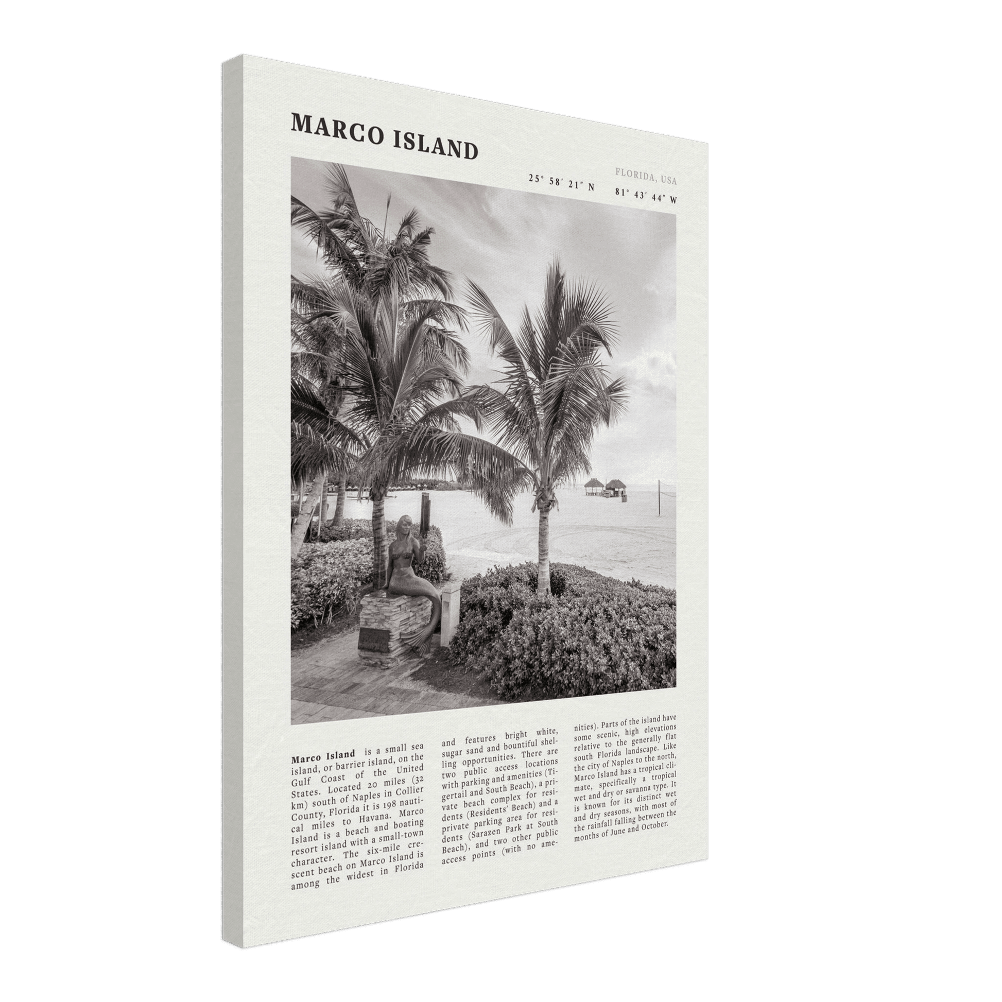 Marco Island Poster | Black & White Florida Beach Wall Art | Coastal Travel Print - Evergreen Posters
