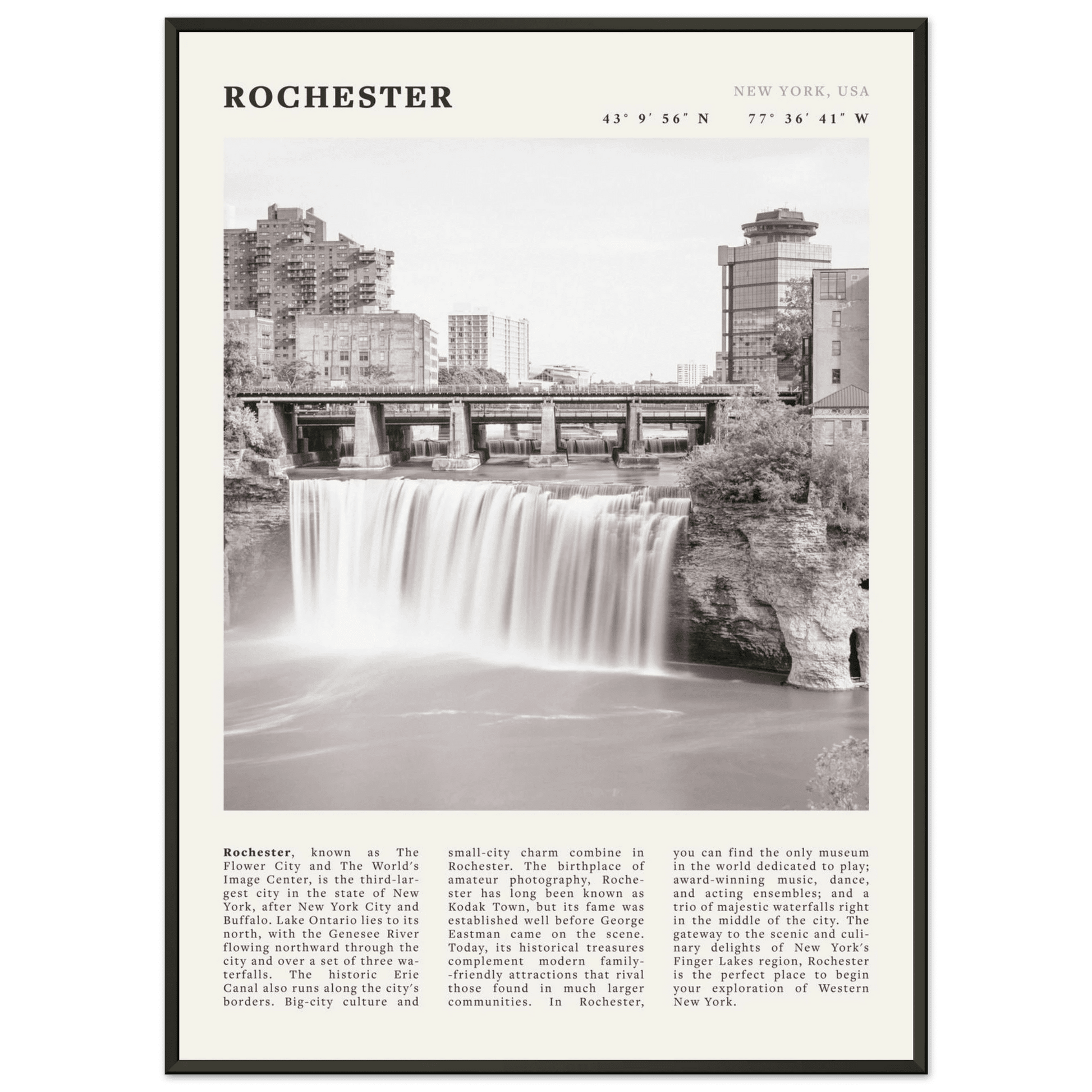 Rochester Poster | Black & White High Falls Wall Art | New York Travel Print - Evergreen Posters