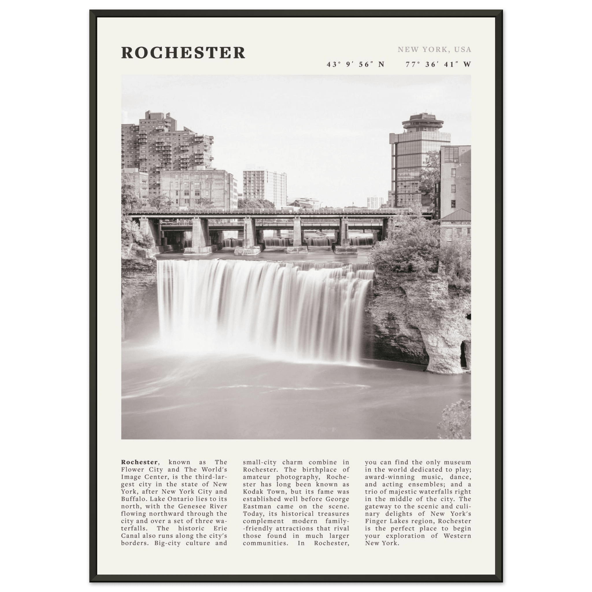 Rochester Poster | Black & White High Falls Wall Art | New York Travel Print - Evergreen Posters