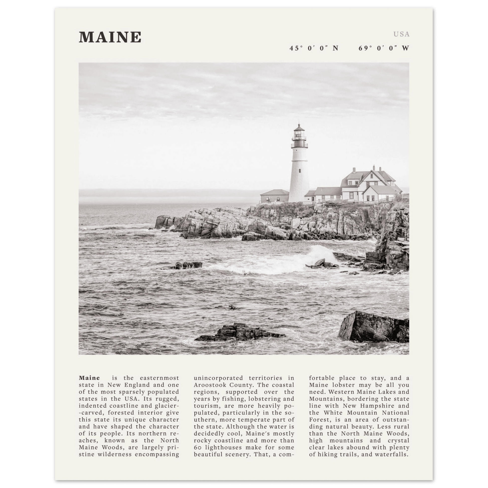 Maine Poster | Black & White Lighthouse Wall Art | New England Coastal Travel Print - Evergreen Posters