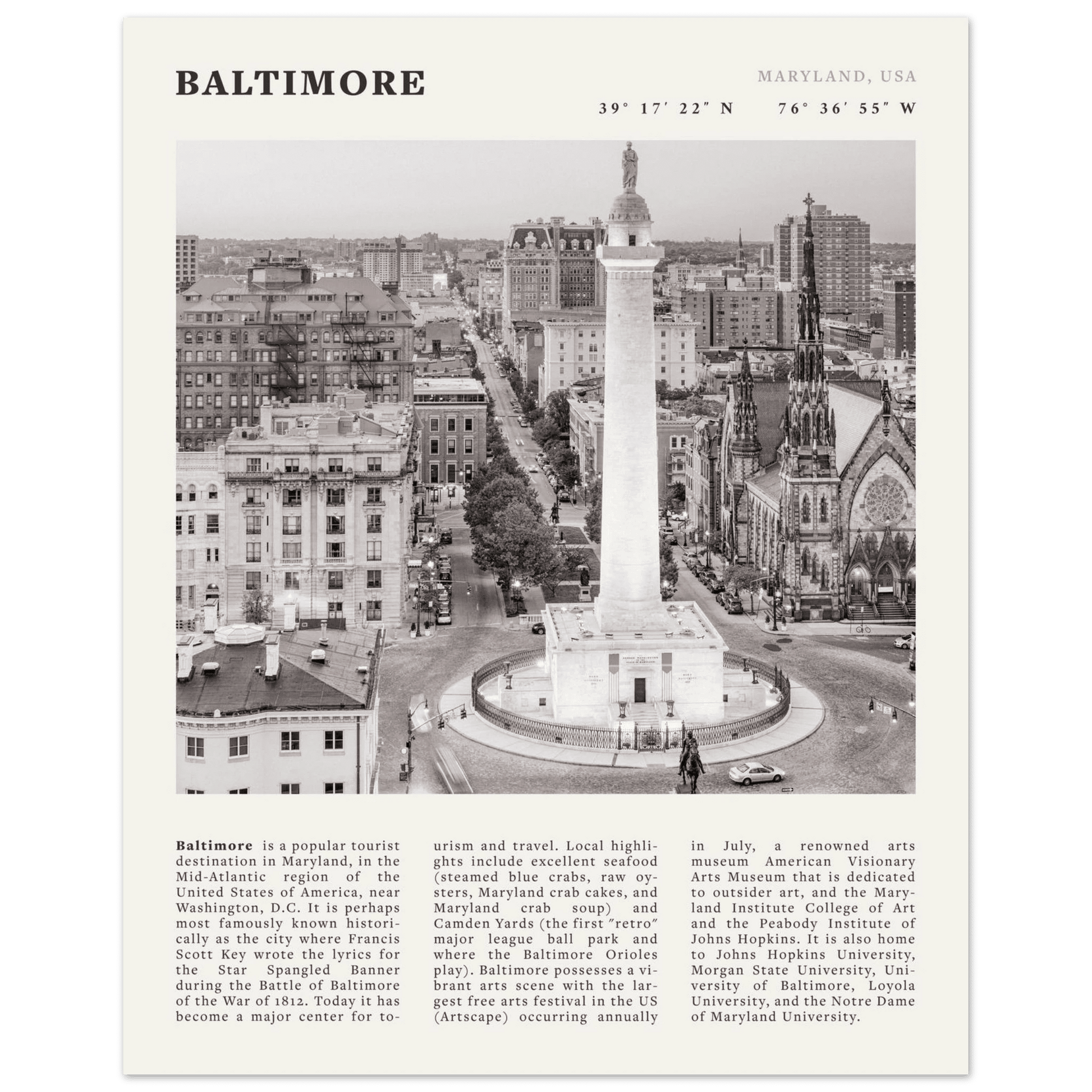 Baltimore Poster | Black & White Maryland City Wall Art | USA Travel Print - Evergreen Posters