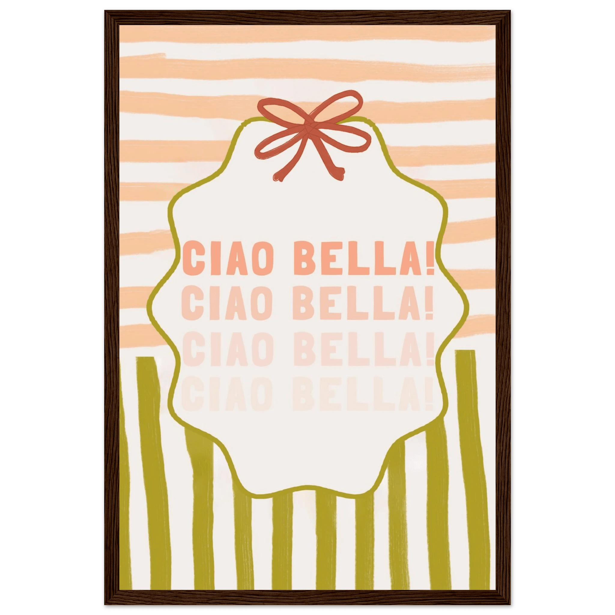 Ciao Bella Poster | Italian Typography Wall Art | Retro Stripe Bow Print | Cute Room Decor - Evergreen Posters