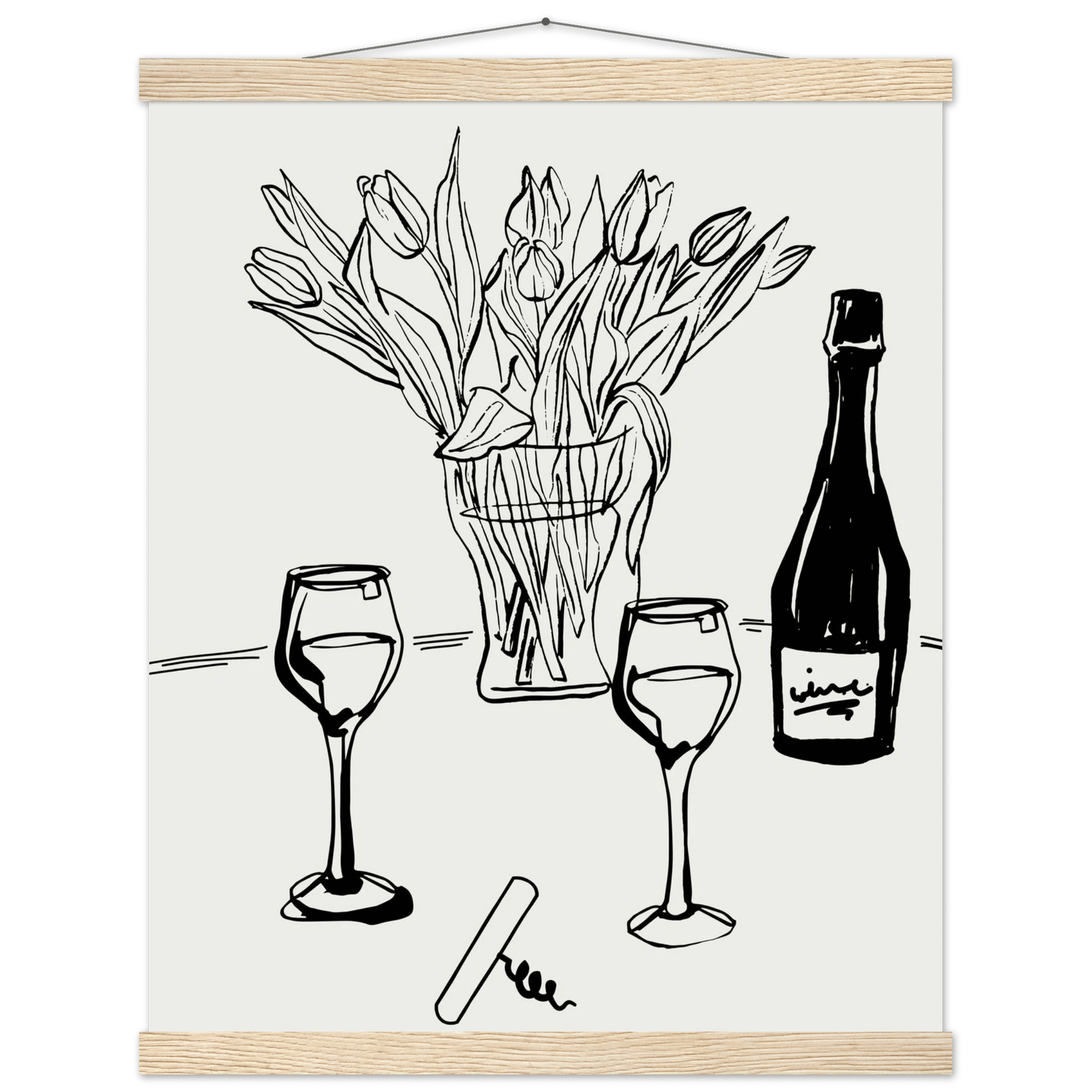 Wine & Tulips Print | Black Line Art Wine Bottle Wall Art | Minimalist Kitchen Poster - Evergreen Posters