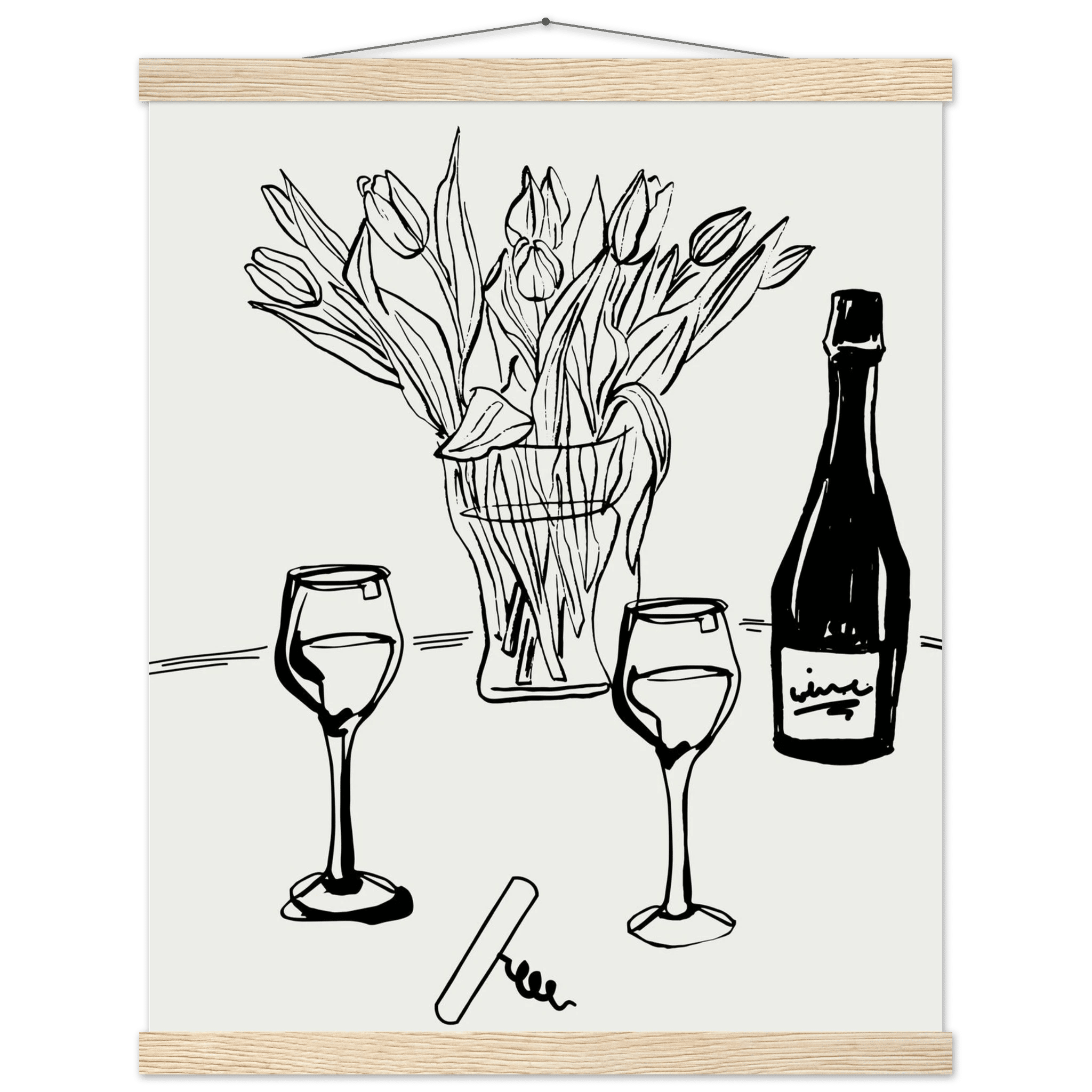 Wine & Tulips Print | Black Line Art Wine Bottle Wall Art | Minimalist Kitchen Poster - Evergreen Posters