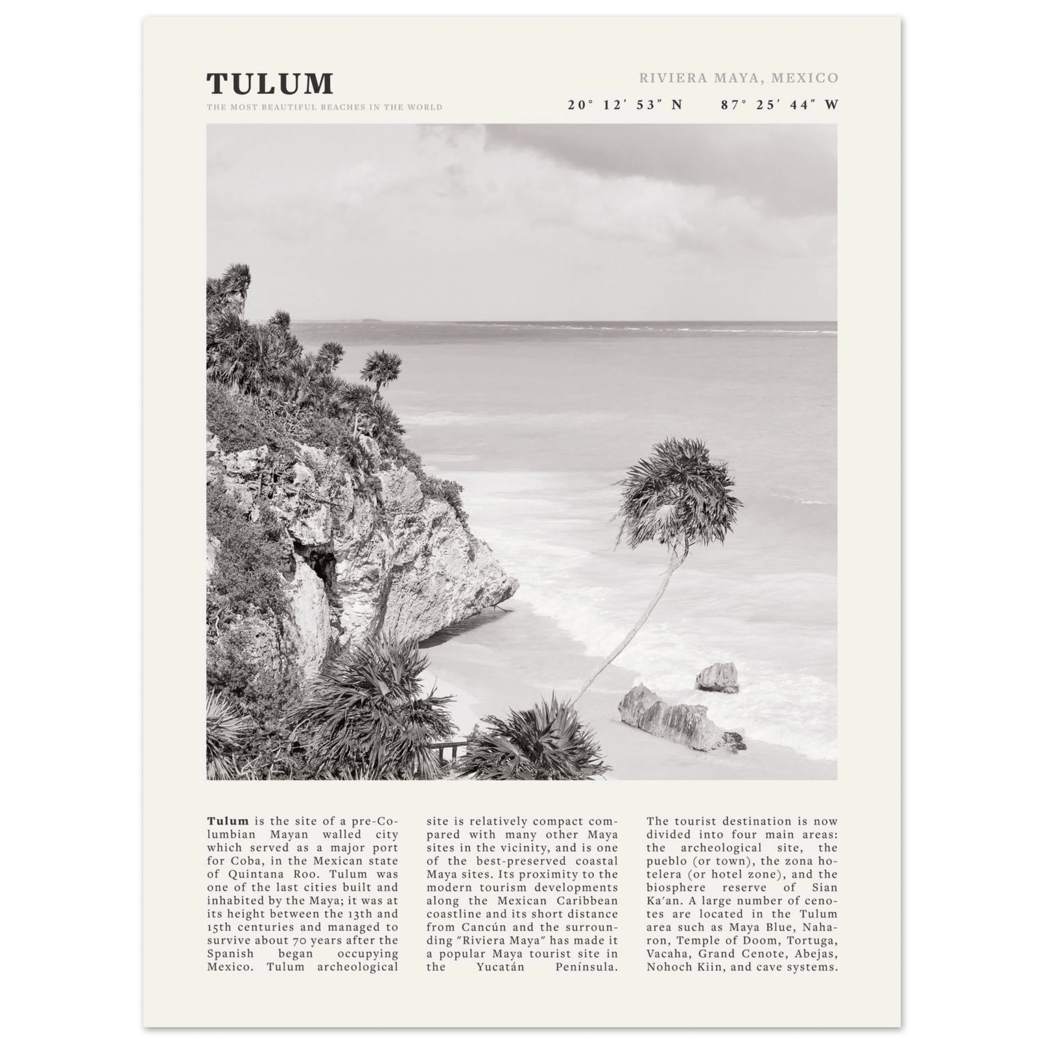 Tulum Poster | Black & White Riviera Maya Mexico Wall Art | Beach Travel Print - Evergreen Posters