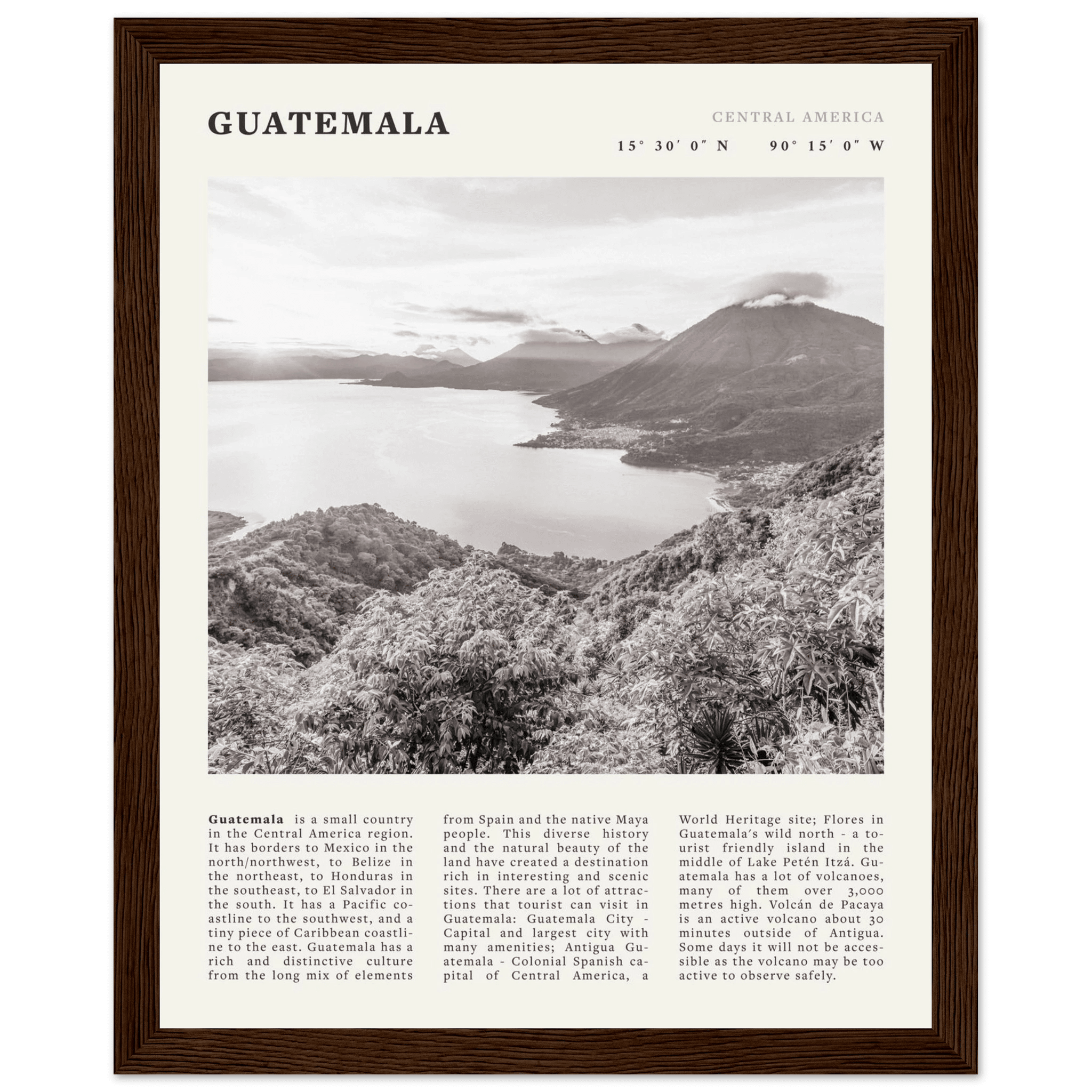 Guatemala Poster | Black & White Lake Atitlan Wall Art | Central America Travel Print - Evergreen Posters