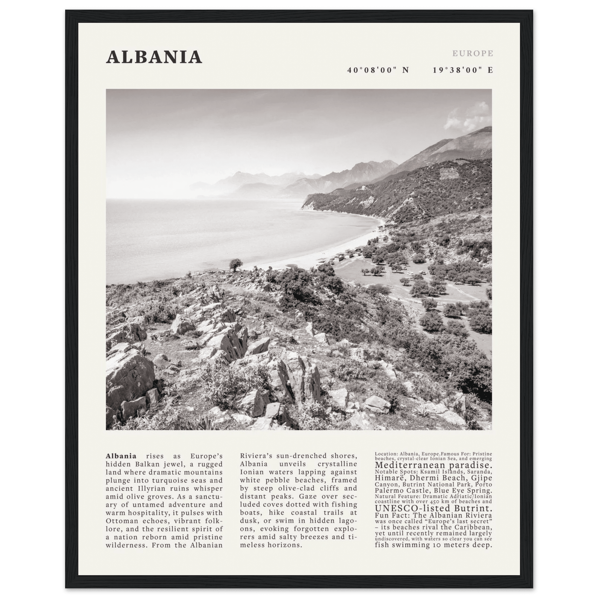 Albania Poster Black and White – Vintage Albanian Riviera Travel Print (Digital & Printed Options) - Evergreen Posters