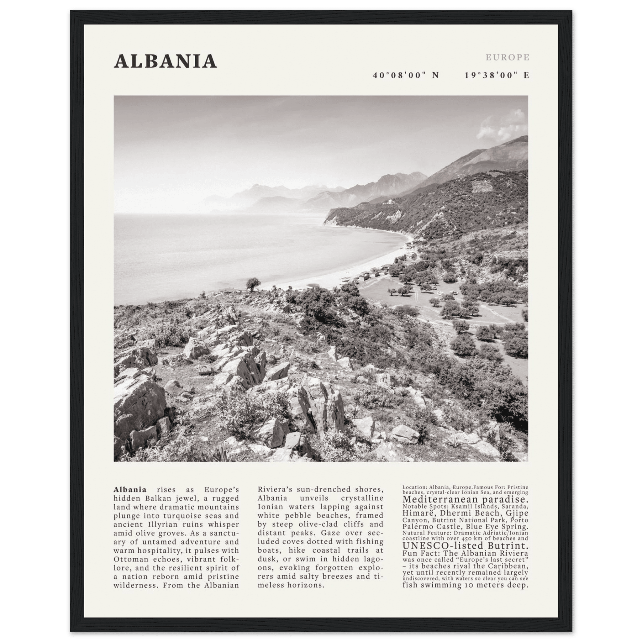 Albania Poster Black and White – Vintage Albanian Riviera Travel Print (Digital & Printed Options) - Evergreen Posters