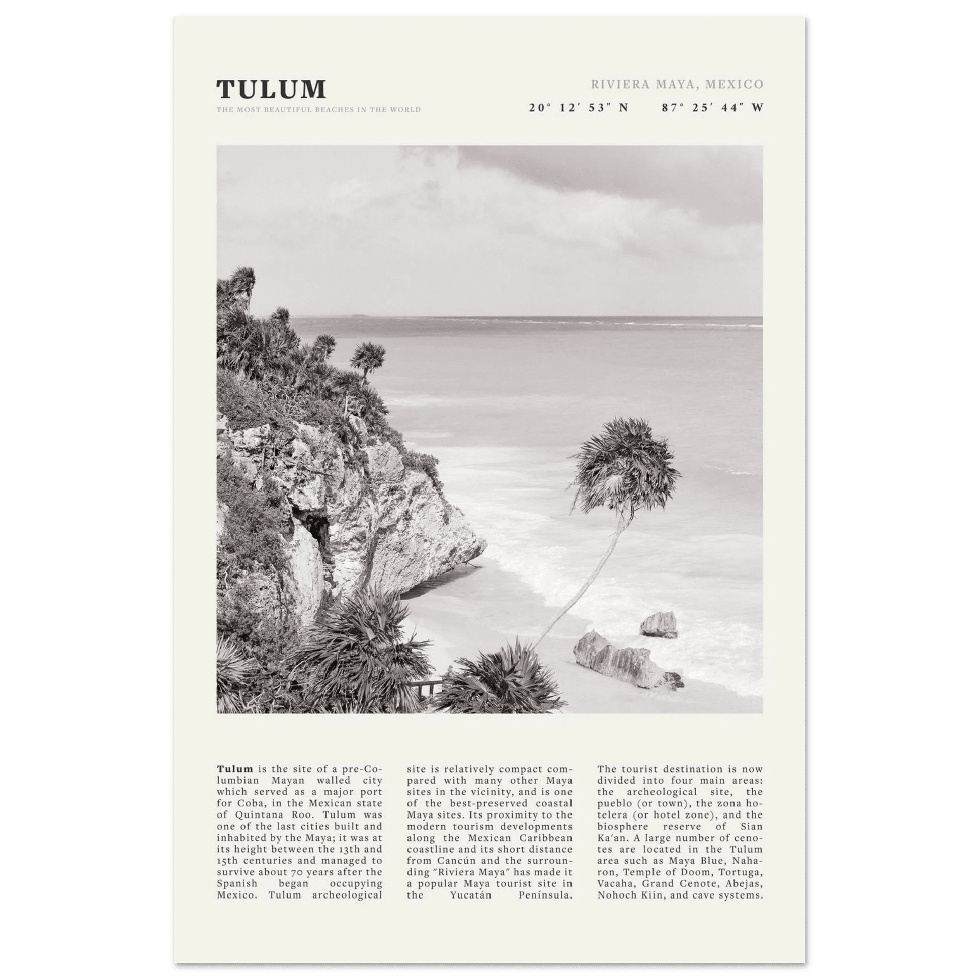 Tulum Poster | Black & White Riviera Maya Mexico Wall Art | Beach Travel Print - Evergreen Posters