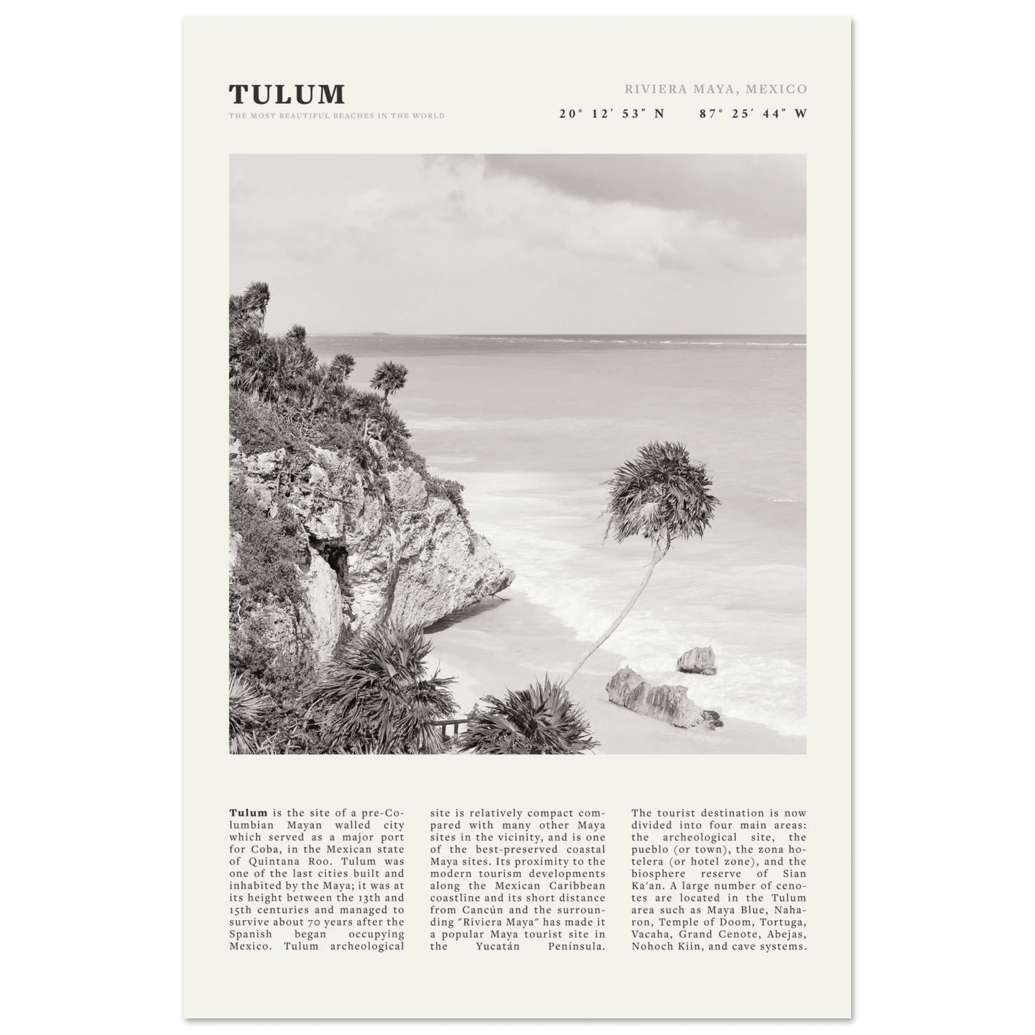 Tulum Poster | Black & White Riviera Maya Mexico Wall Art | Beach Travel Print - Evergreen Posters
