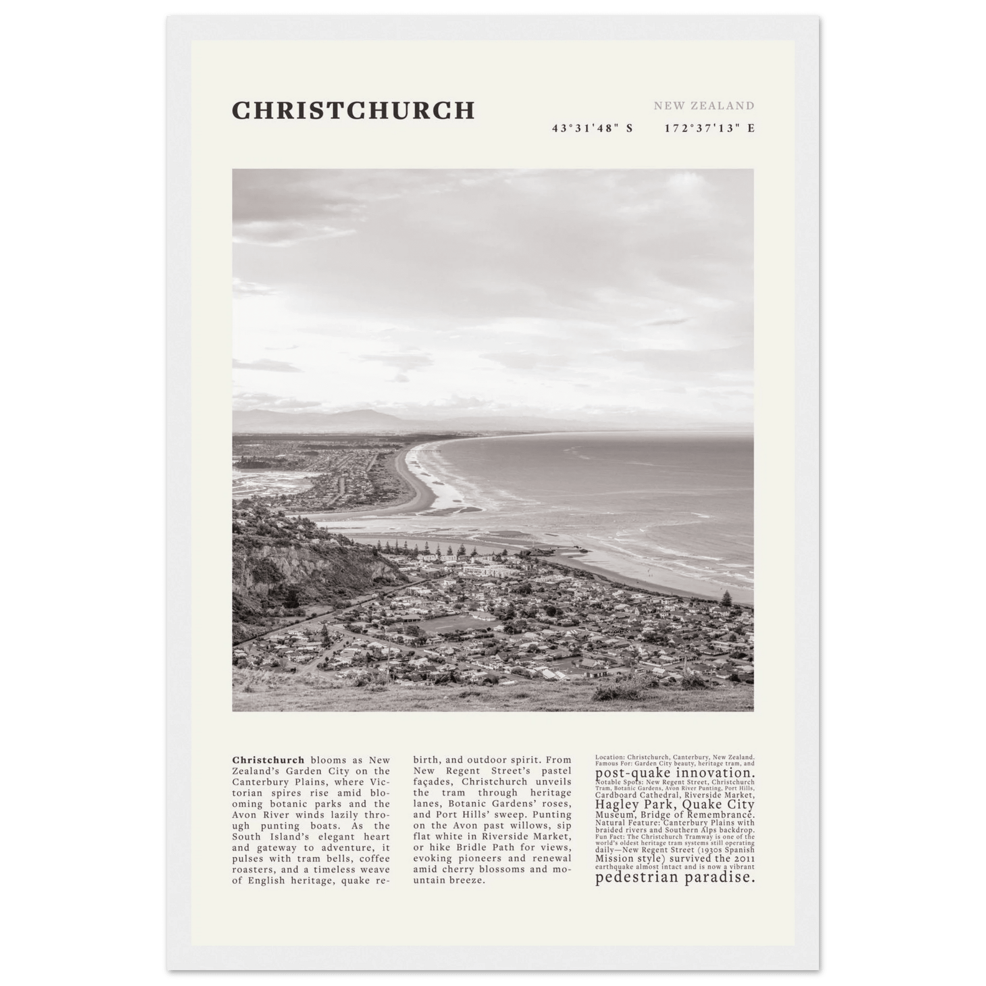 Christchurch New Zealand Poster Black and White – Vintage Garden City Panorama Print - Evergreen Posters