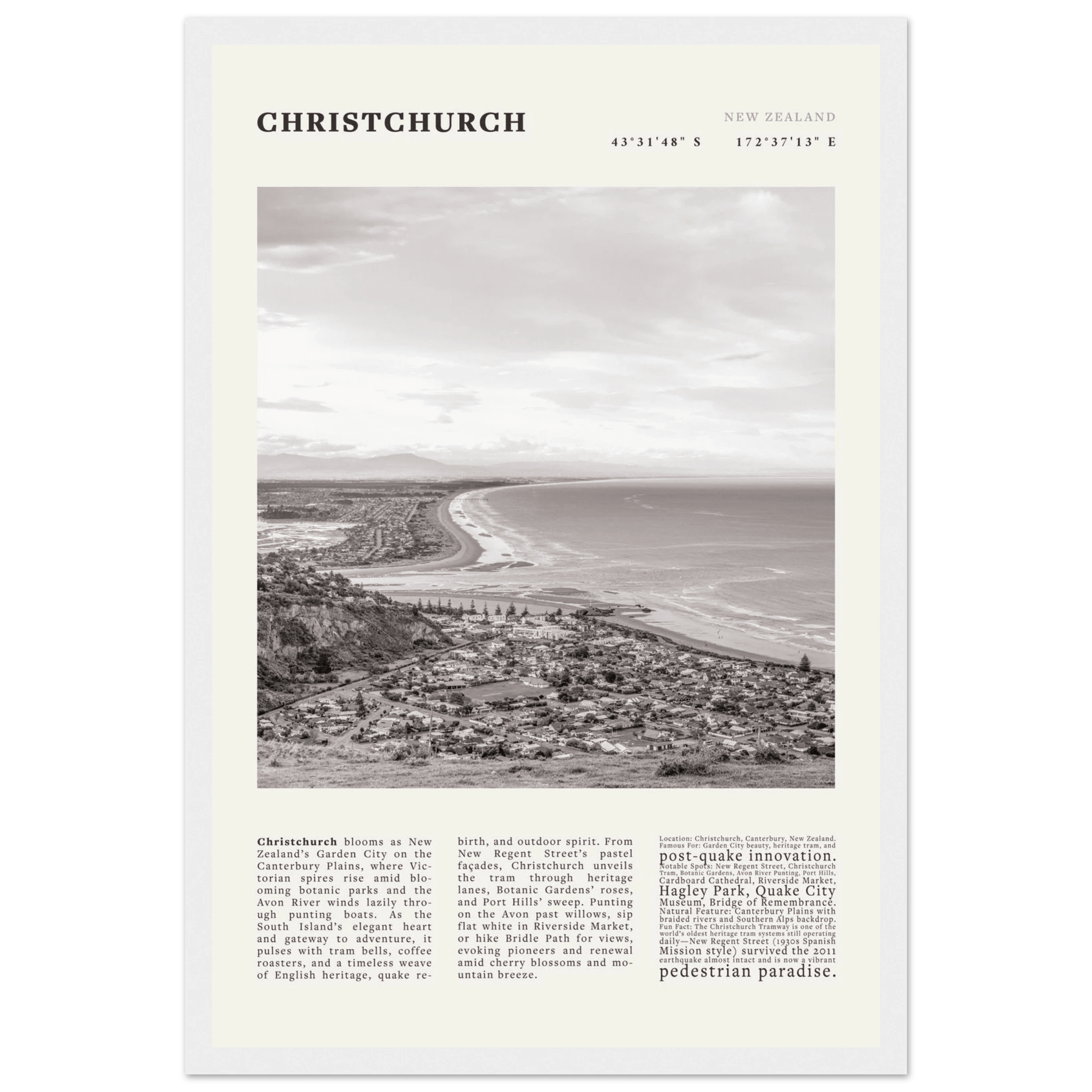 Christchurch New Zealand Poster Black and White – Vintage Garden City Panorama Print - Evergreen Posters