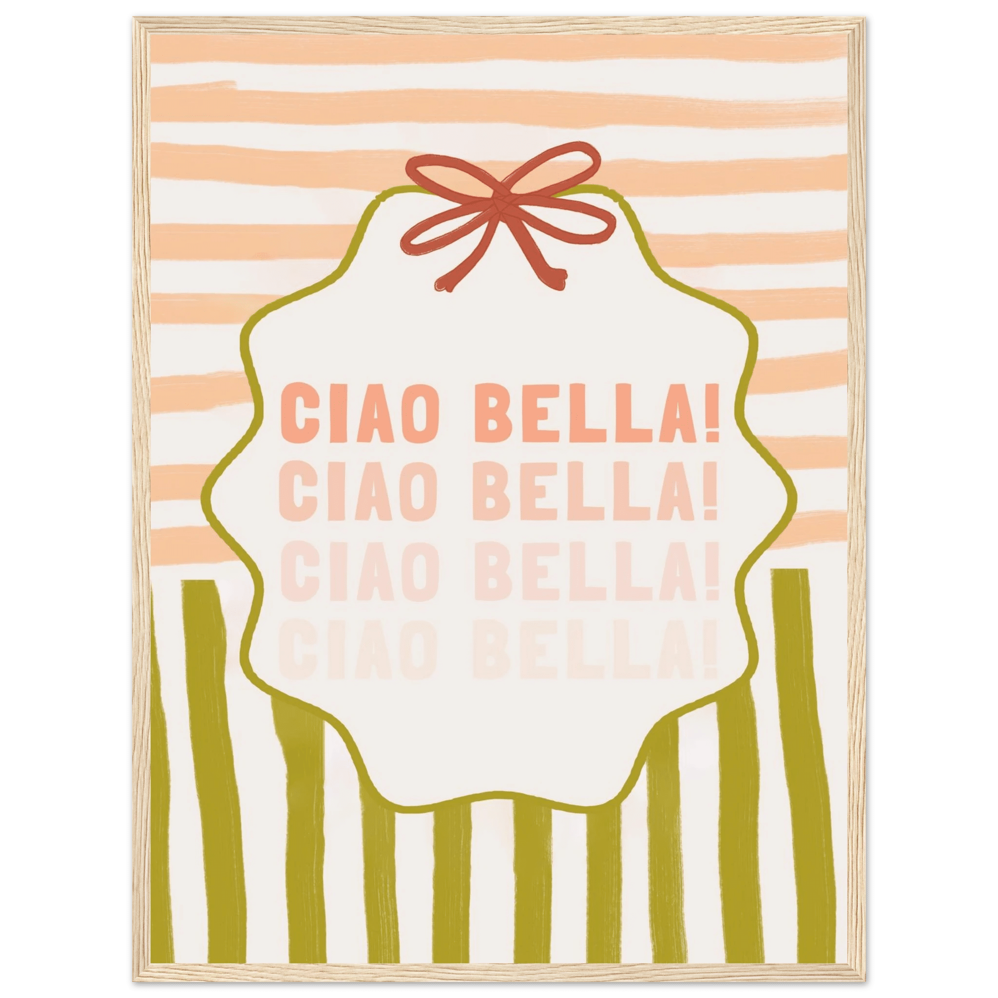 Ciao Bella Poster | Italian Typography Wall Art | Retro Stripe Bow Print | Cute Room Decor - Evergreen Posters