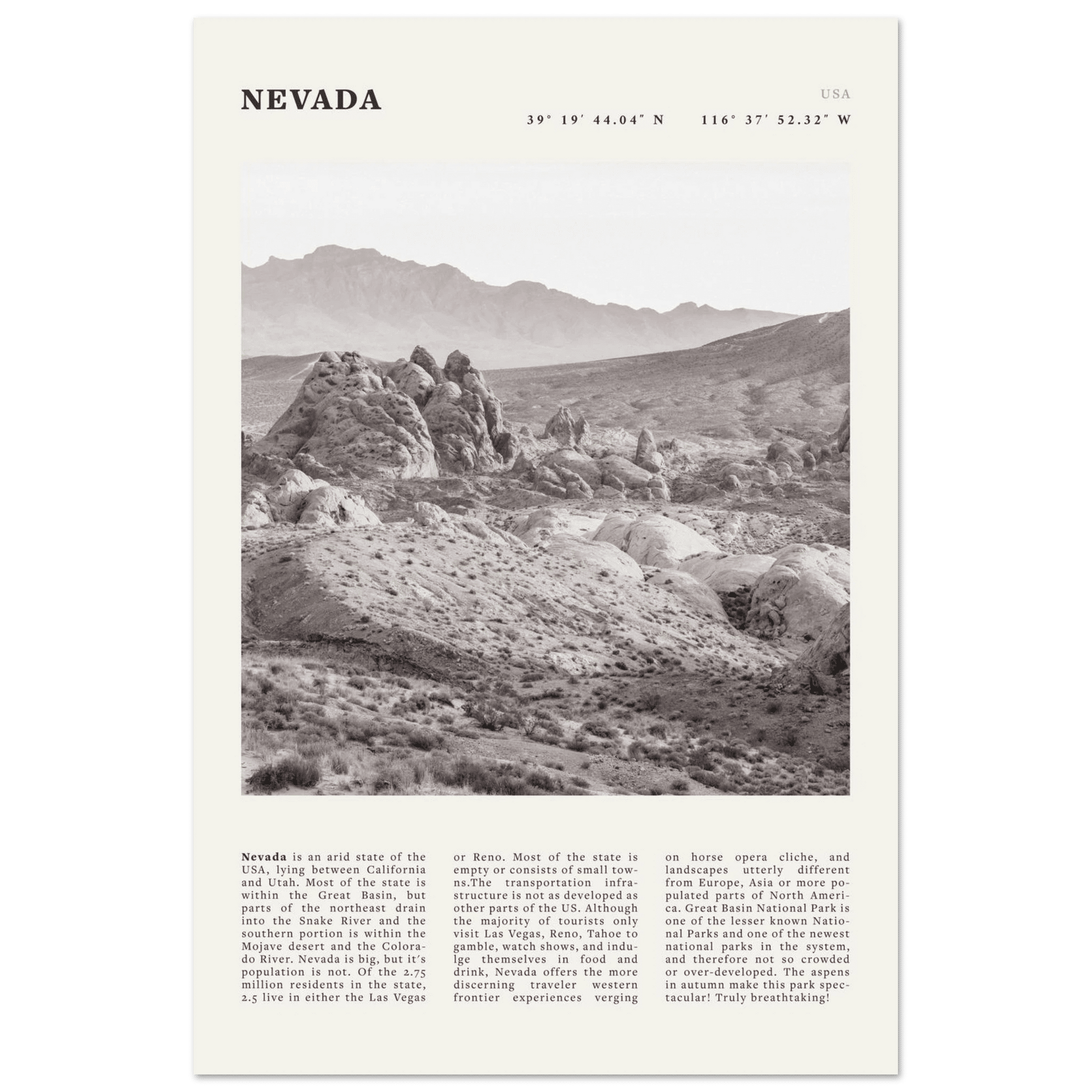 Nevada Poster | Black & White Desert Landscape Wall Art | USA Travel Print Decor - Evergreen Posters