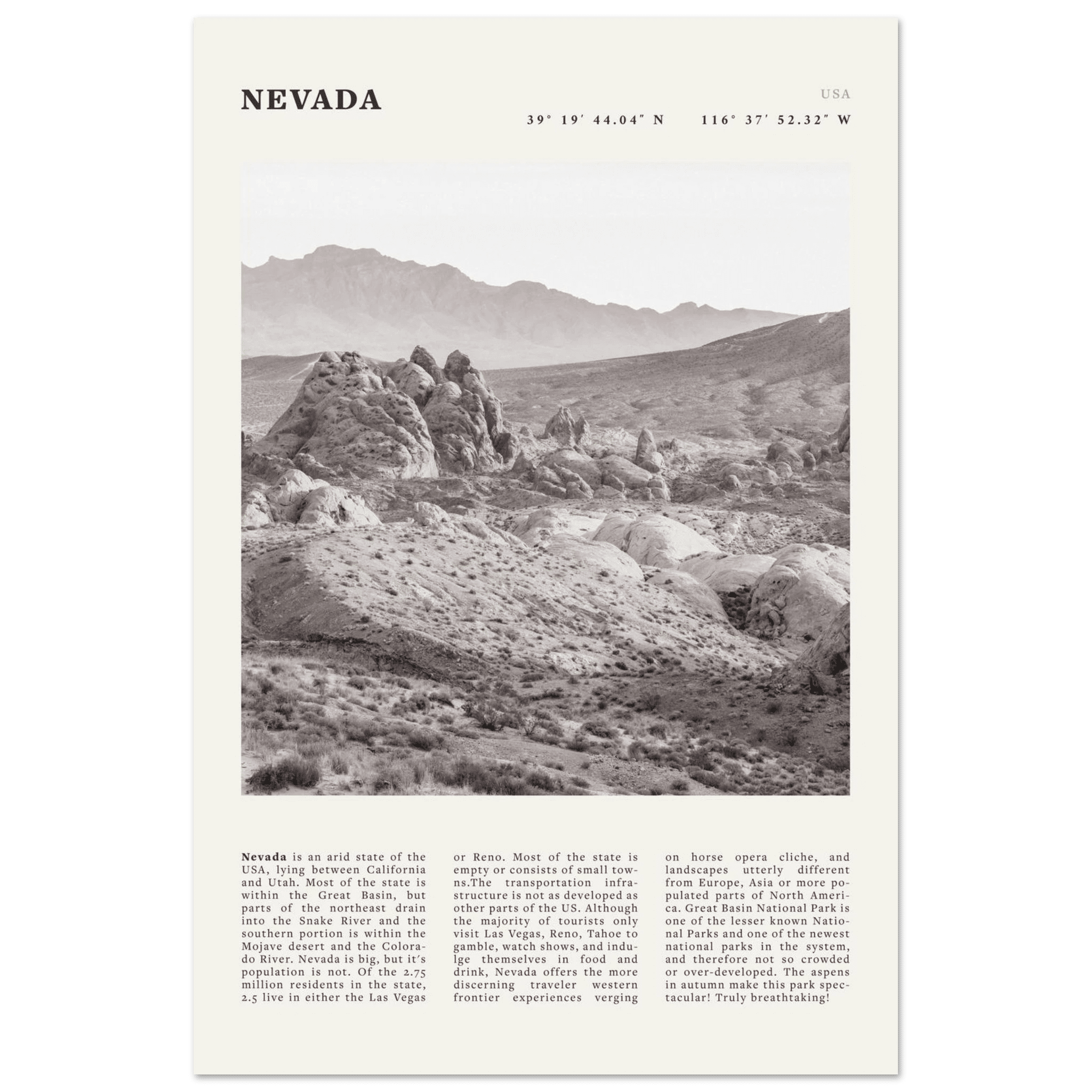 Nevada Poster | Black & White Desert Landscape Wall Art | USA Travel Print Decor - Evergreen Posters