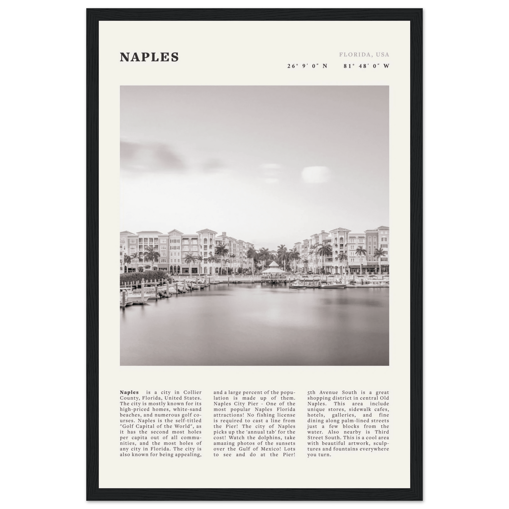 Naples Florida Poster | Black & White Gulf Coast Wall Art | FL Travel Print - Evergreen Posters