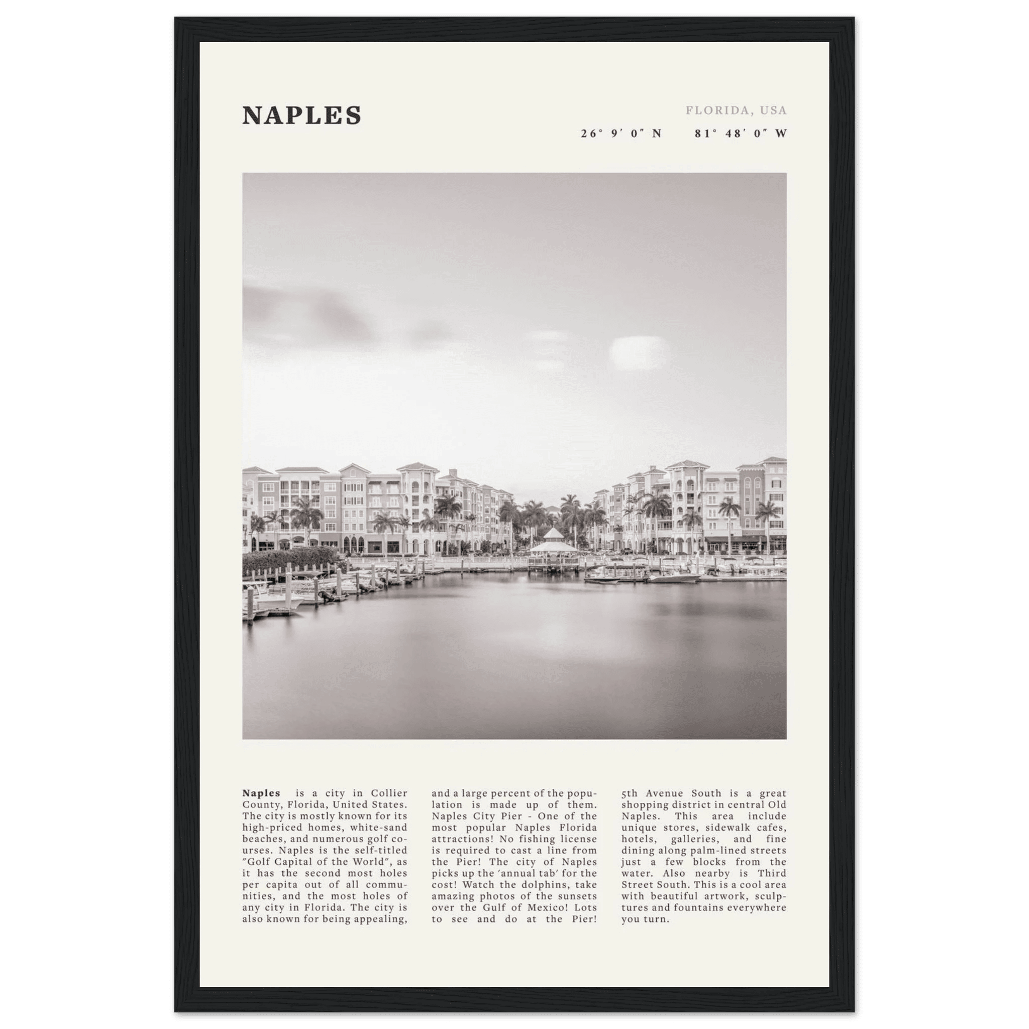Naples Florida Poster | Black & White Gulf Coast Wall Art | FL Travel Print - Evergreen Posters