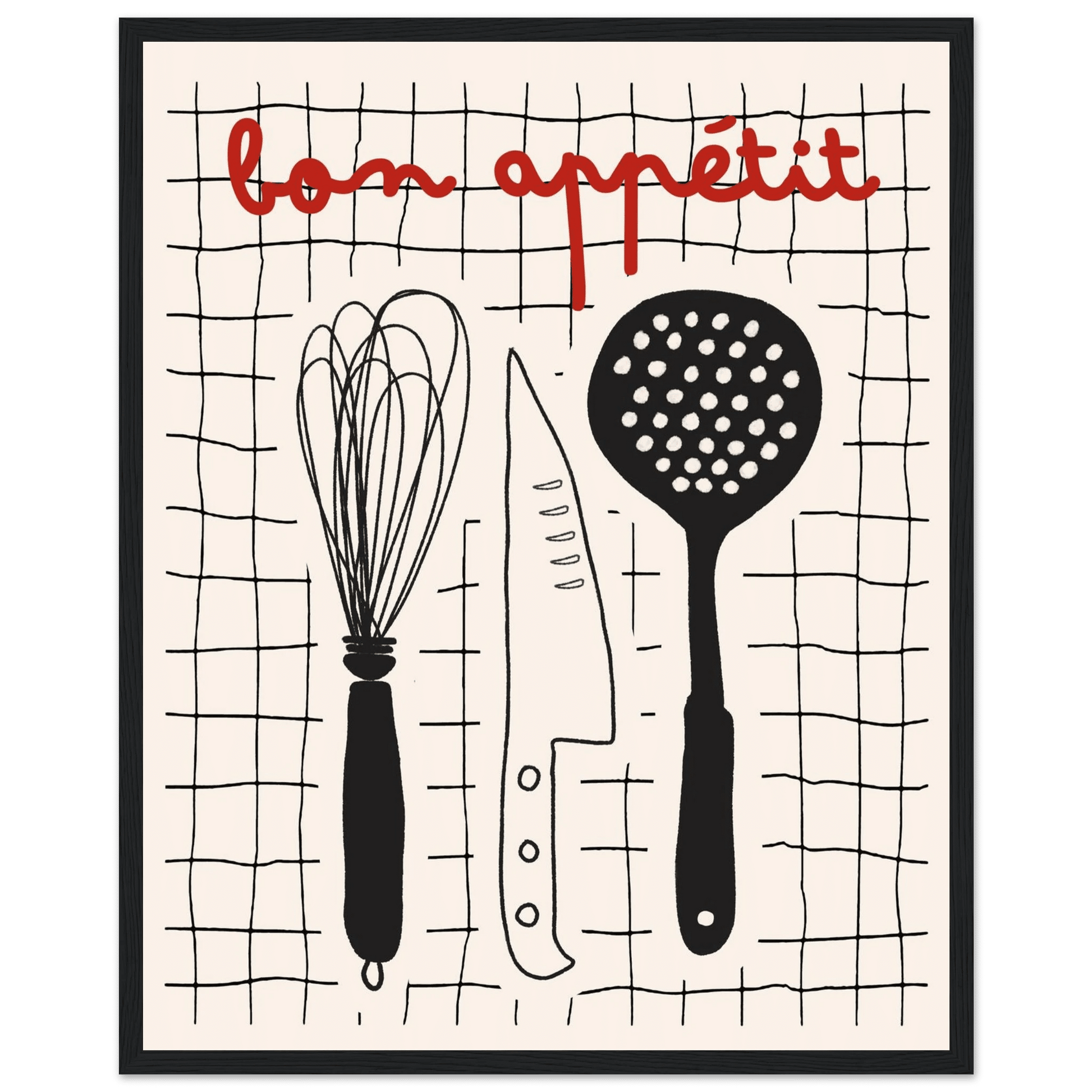 Bon Appétit French Kitchen Print | Bold Black Red Wall Art Poster - Evergreen Posters
