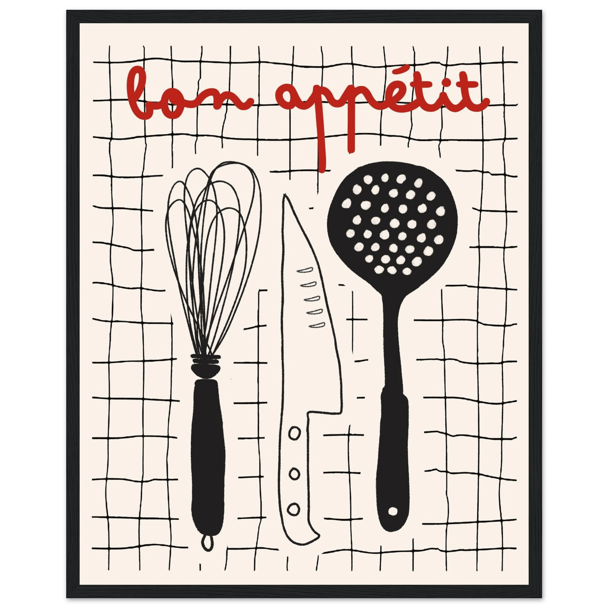Bon Appétit French Kitchen Print | Bold Black Red Wall Art Poster - Evergreen Posters