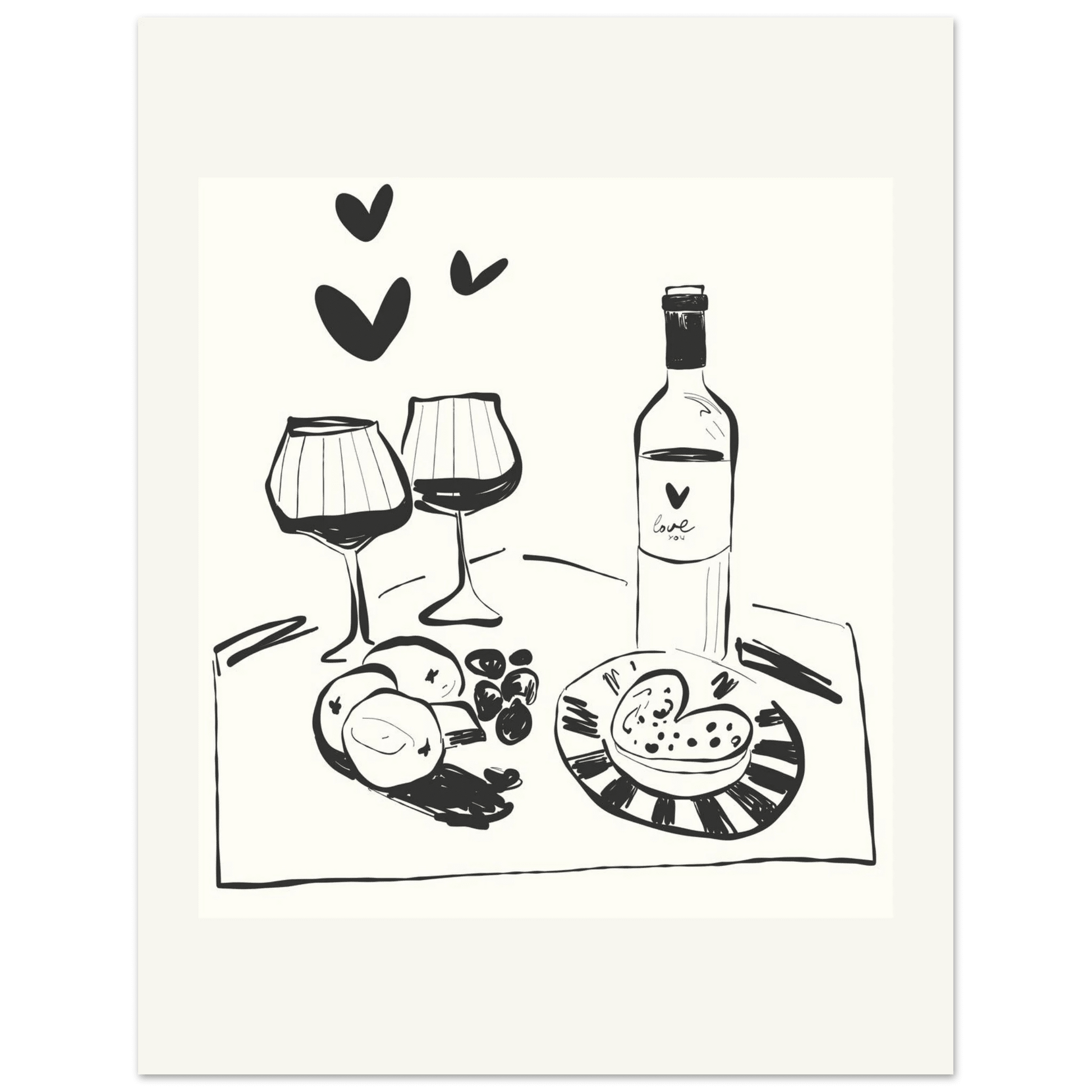 Wine for Two Print | Black Line Art Romantic Kitchen Wall Art | Couples Poster - Evergreen Posters