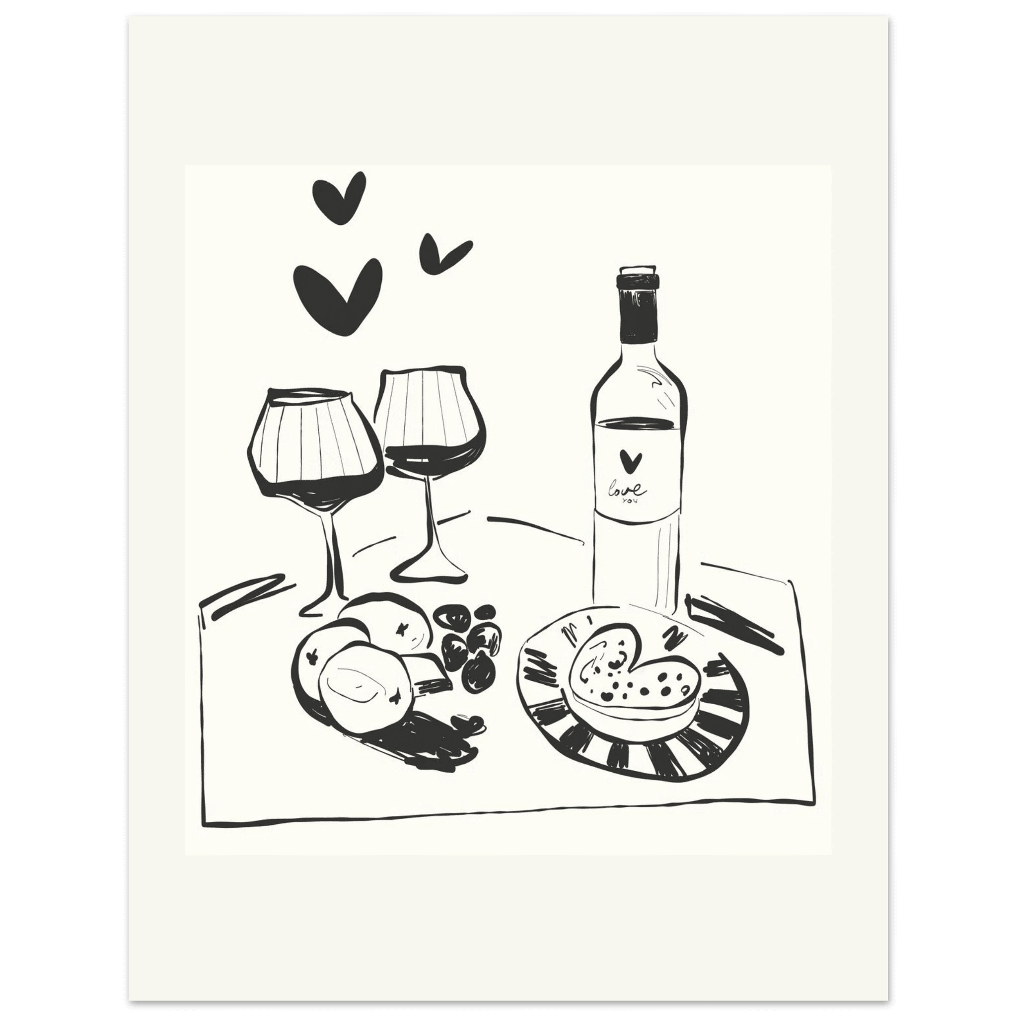 Wine for Two Print | Black Line Art Romantic Kitchen Wall Art | Couples Poster - Evergreen Posters