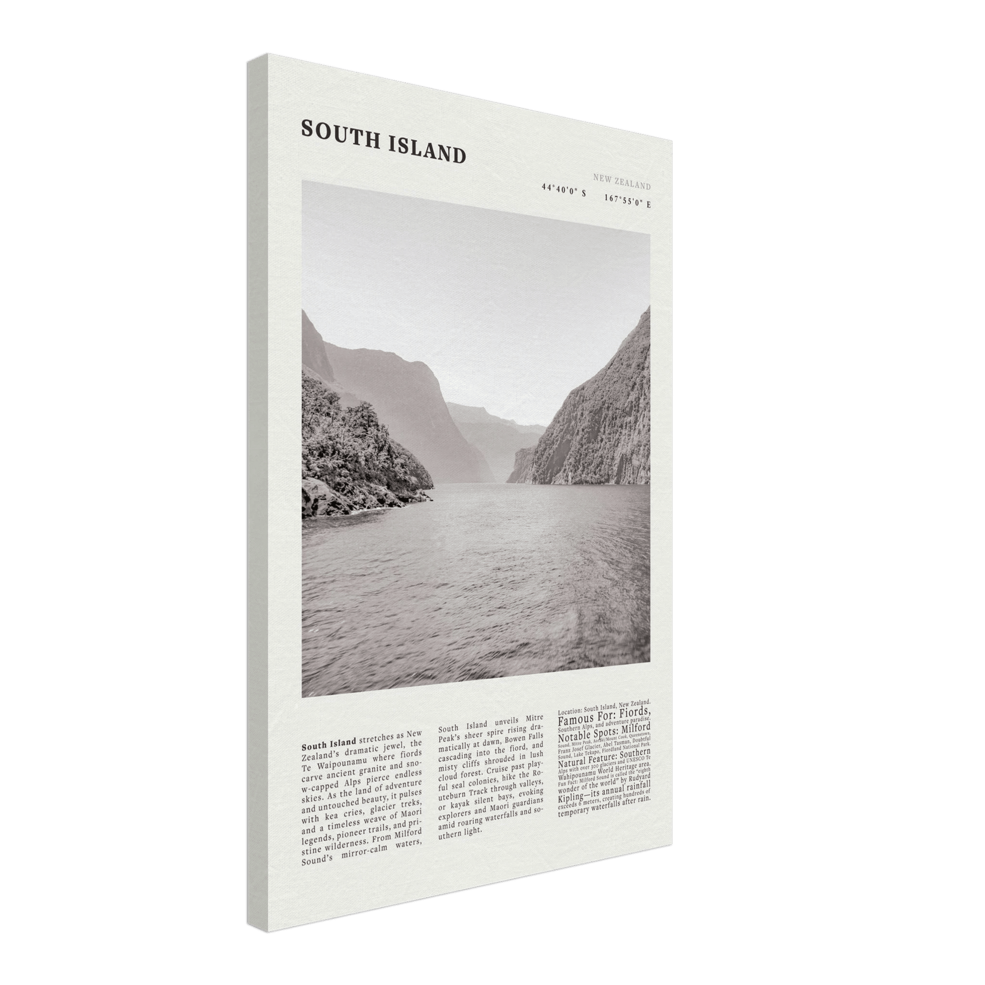 South Island New Zealand Poster Black and White – Vintage Milford Sound Fjord Print - Evergreen Posters