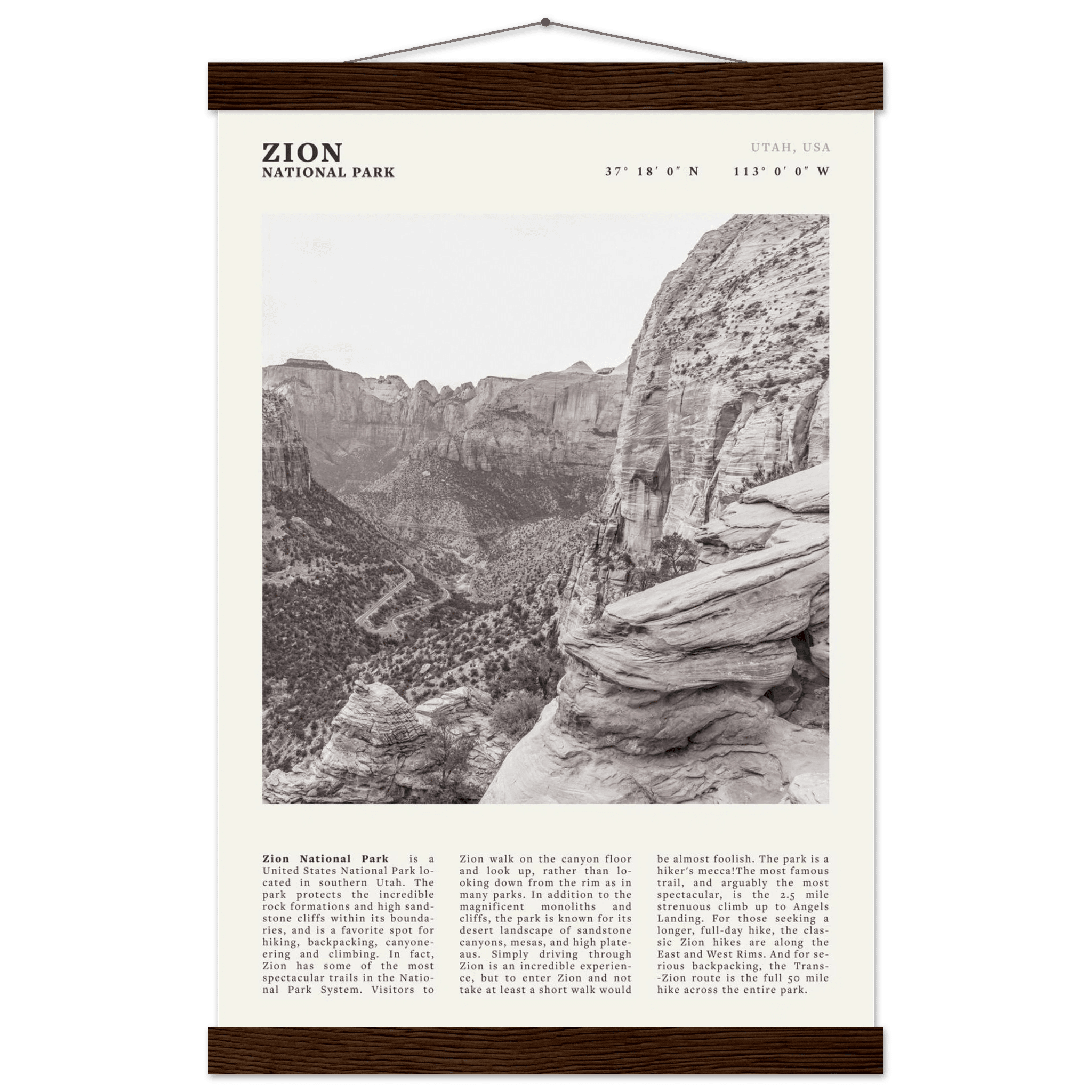 Zion National Park Poster | Black & White Utah Canyon Wall Art | USA Travel Print - Evergreen Posters