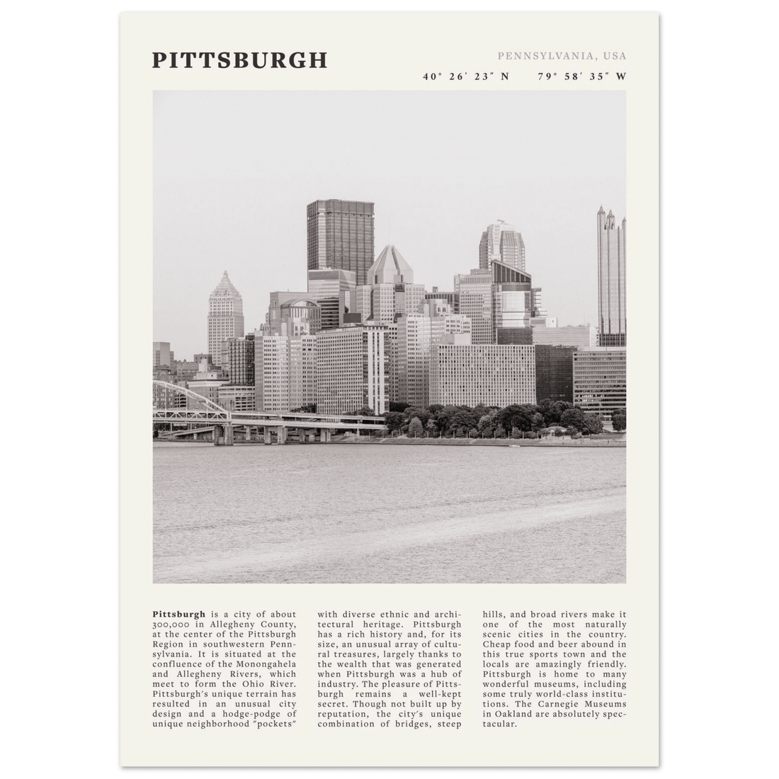 Pittsburgh Poster | Black & White Pennsylvania Skyline Wall Art | PA Travel Print - Evergreen Posters