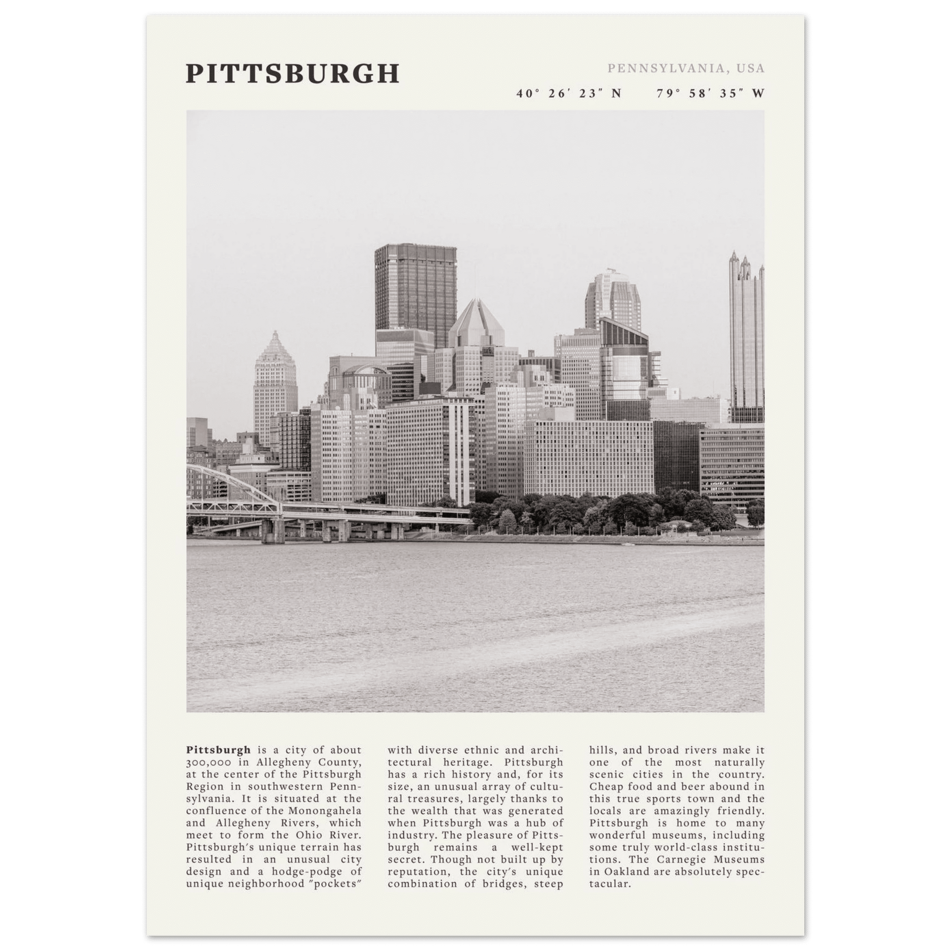 Pittsburgh Poster | Black & White Pennsylvania Skyline Wall Art | PA Travel Print - Evergreen Posters
