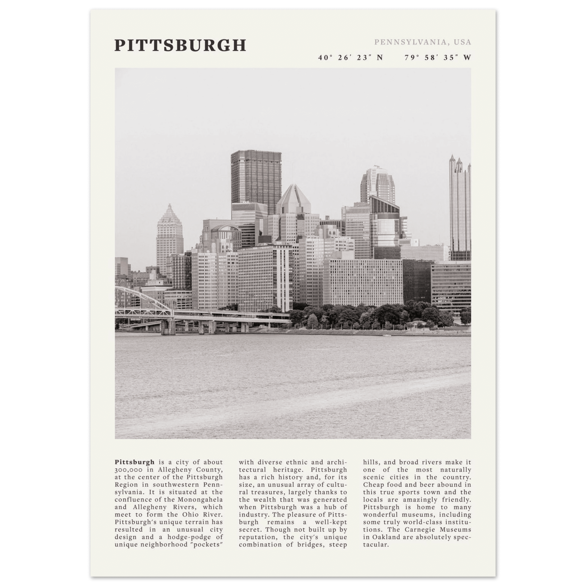 Pittsburgh Poster | Black & White Pennsylvania Skyline Wall Art | PA Travel Print - Evergreen Posters