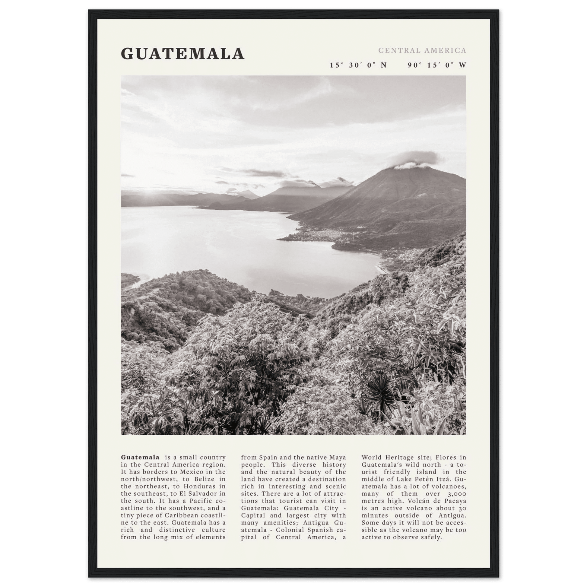 Guatemala Poster | Black & White Lake Atitlan Wall Art | Central America Travel Print - Evergreen Posters