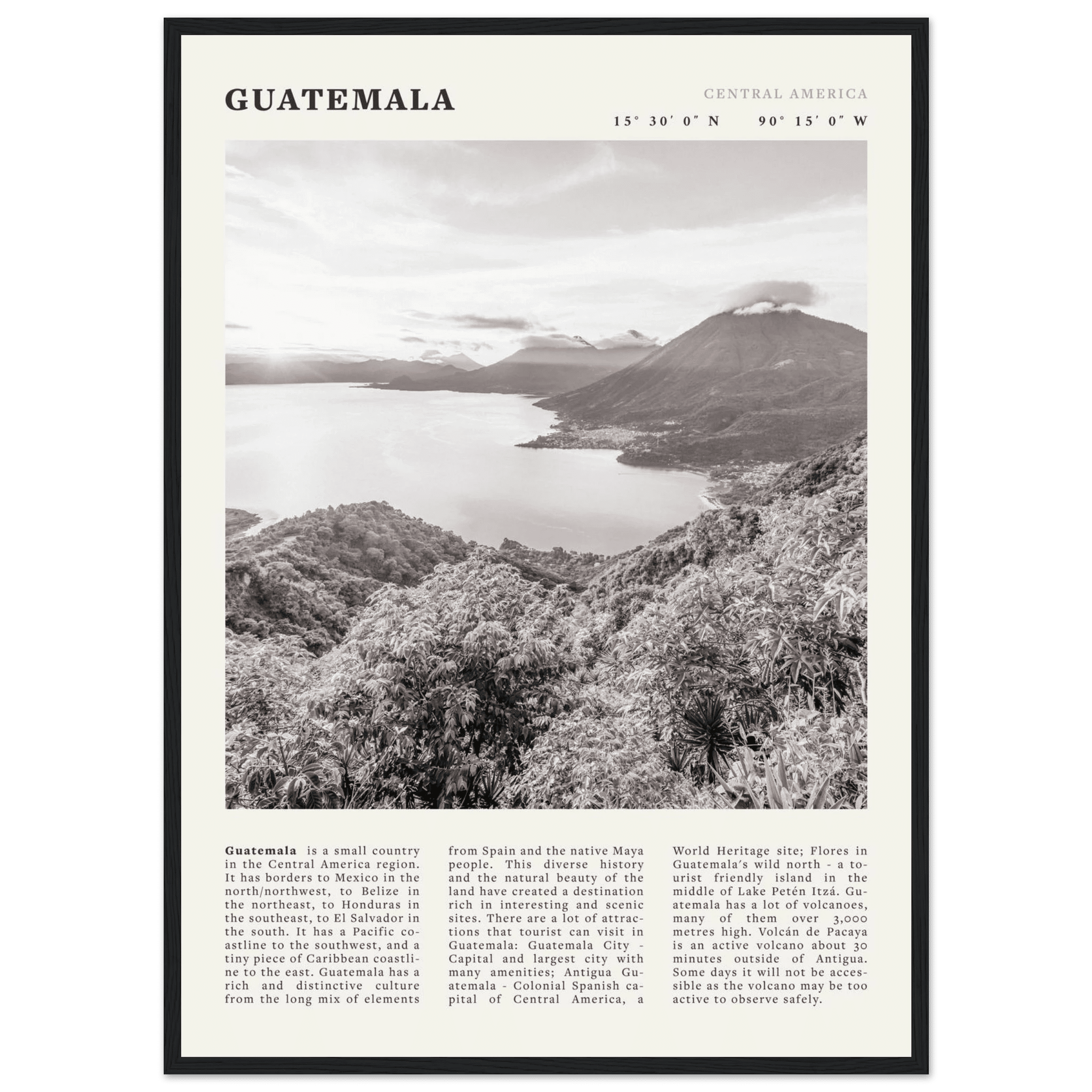 Guatemala Poster | Black & White Lake Atitlan Wall Art | Central America Travel Print - Evergreen Posters