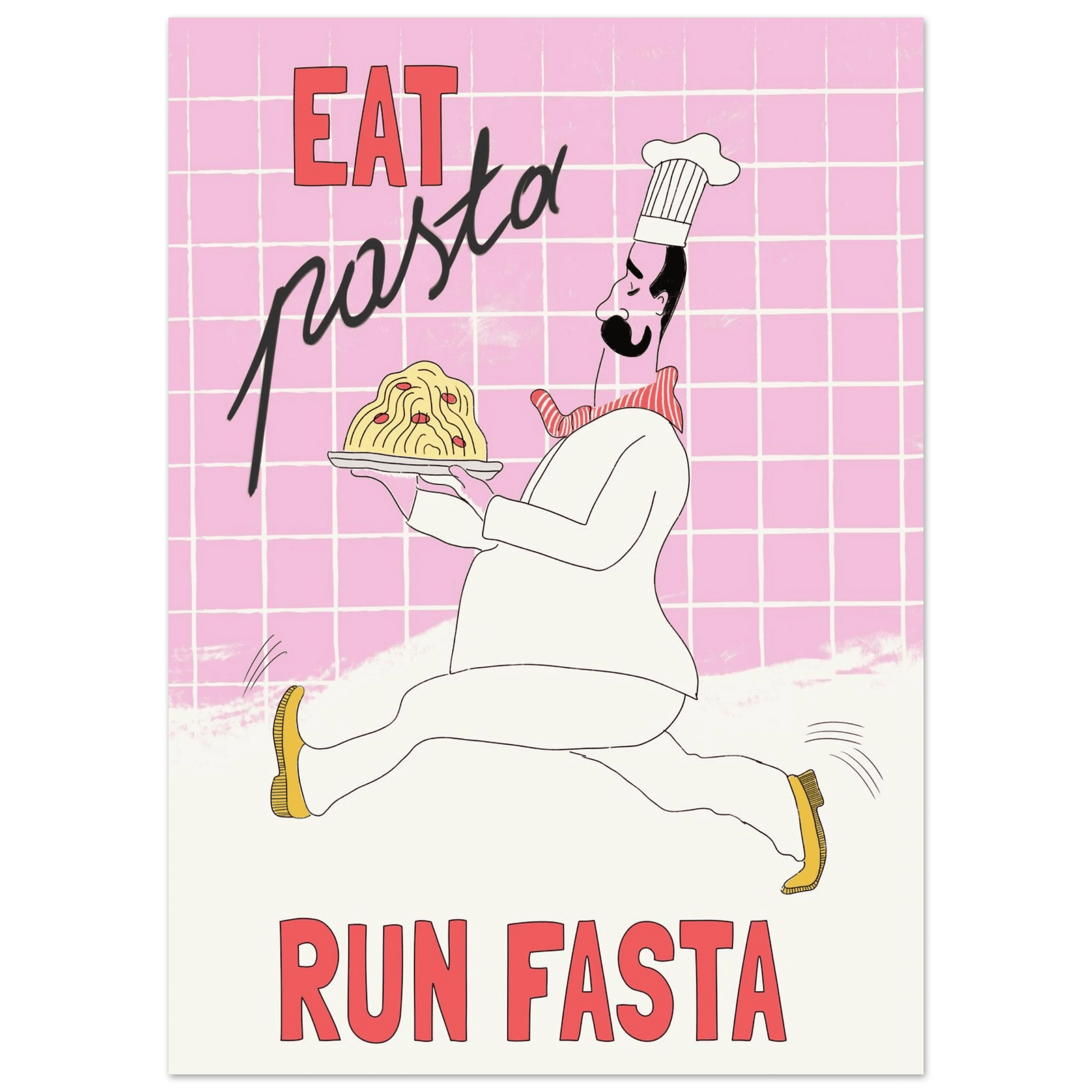Eat Pasta Run Fasta Poster – Playful Kitchen Wall Art Print (Light Pink) - Evergreen Posters