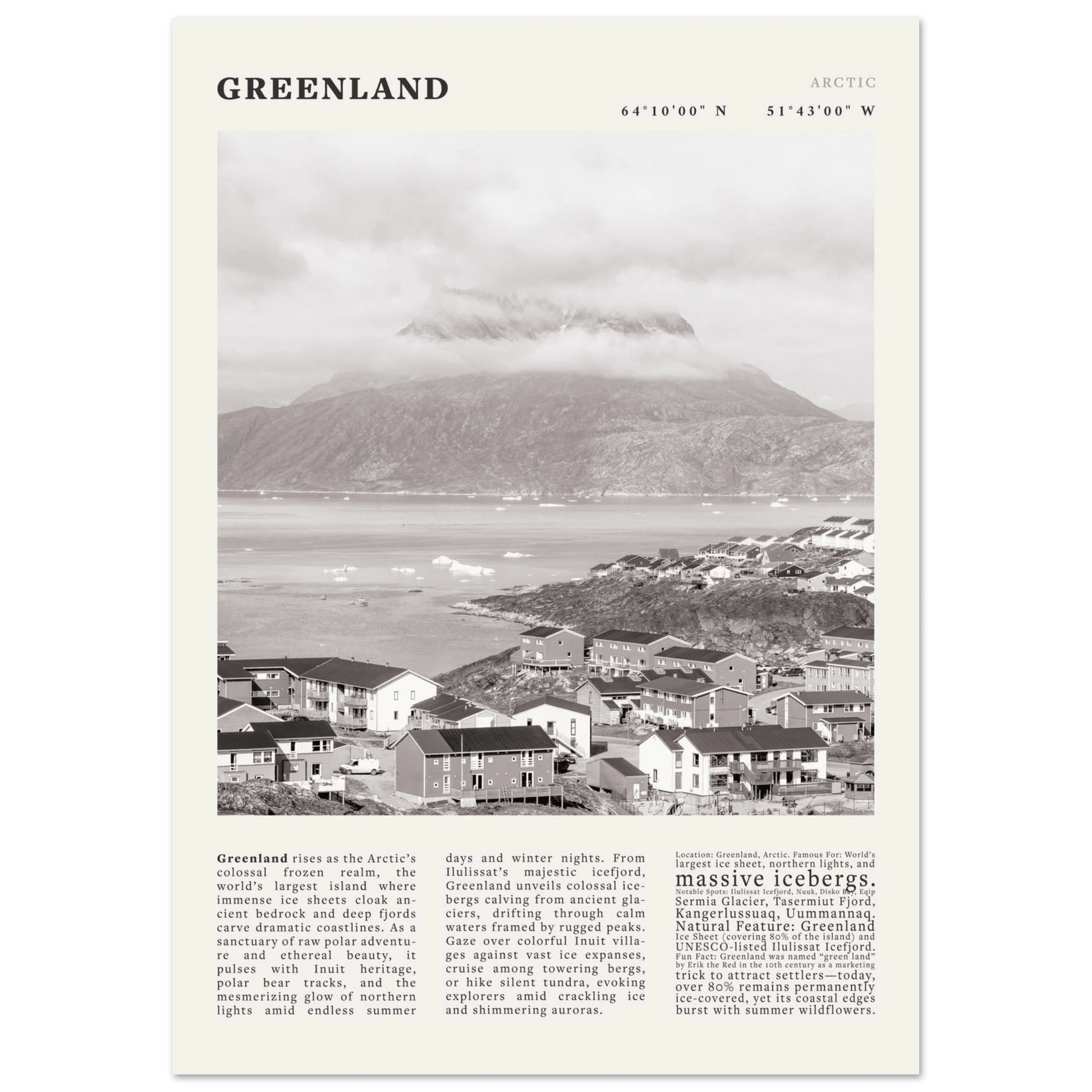 Greenland Poster Black and White – Vintage Arctic Fjord Landscape Print (Digital & Printed Options) - Evergreen Posters