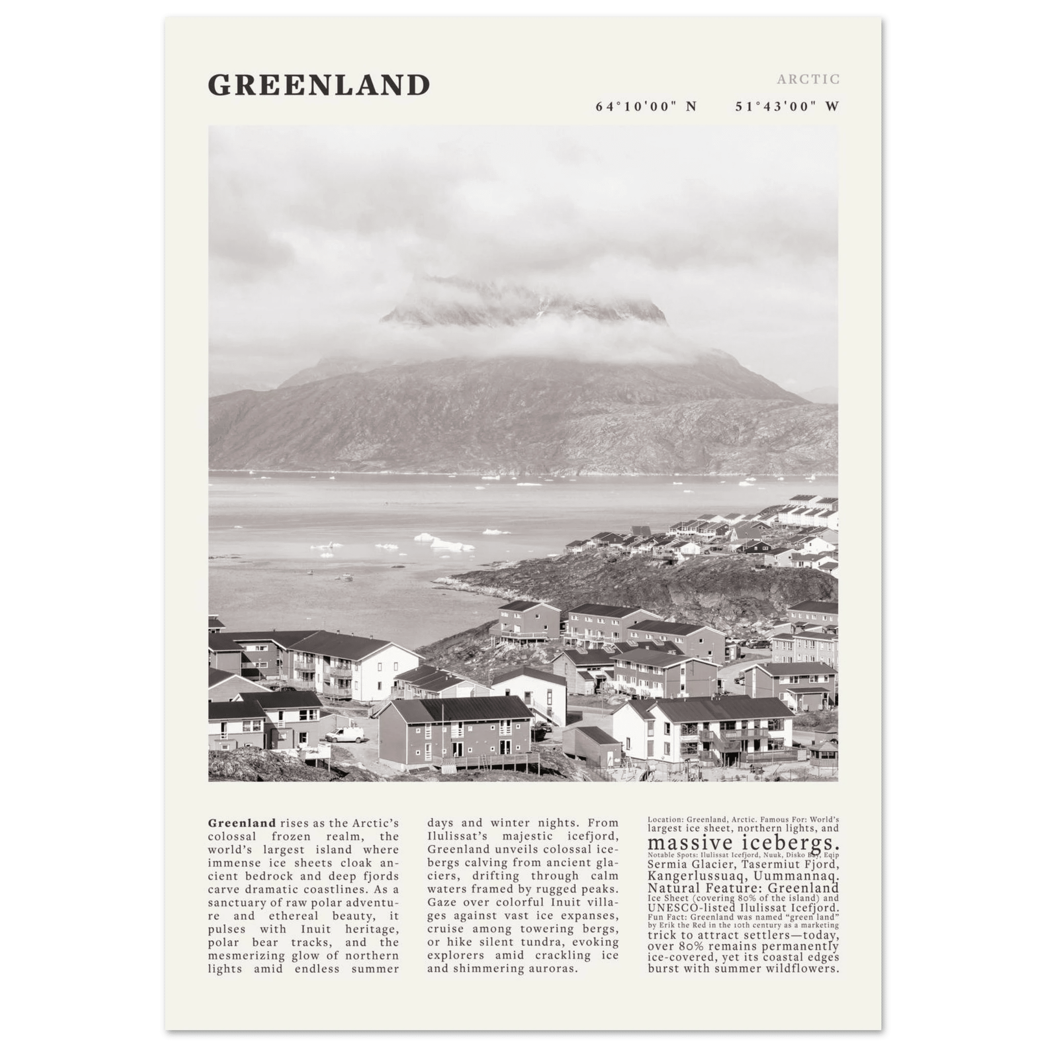 Greenland Poster Black and White – Vintage Arctic Fjord Landscape Print (Digital & Printed Options) - Evergreen Posters