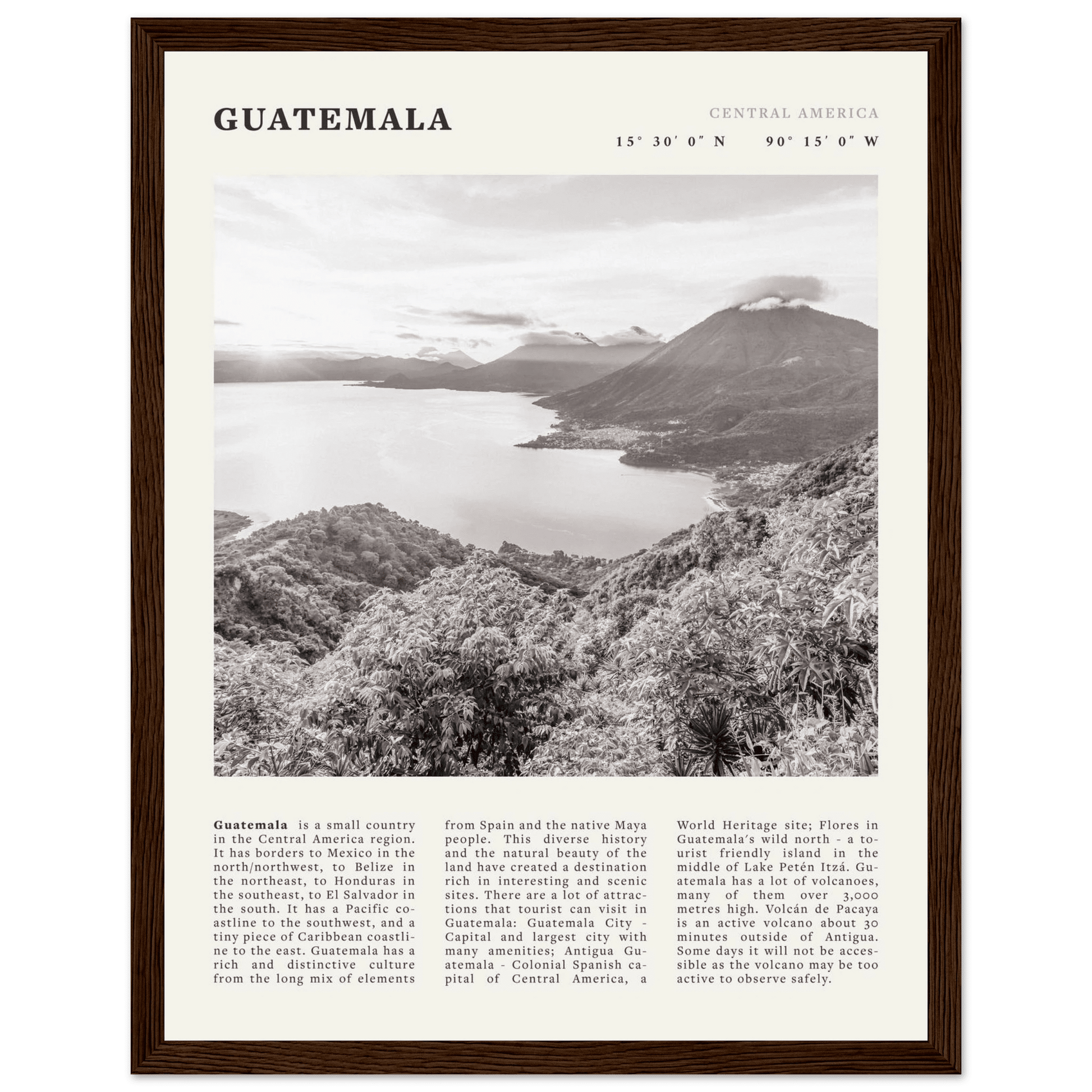 Guatemala Poster | Black & White Lake Atitlan Wall Art | Central America Travel Print - Evergreen Posters