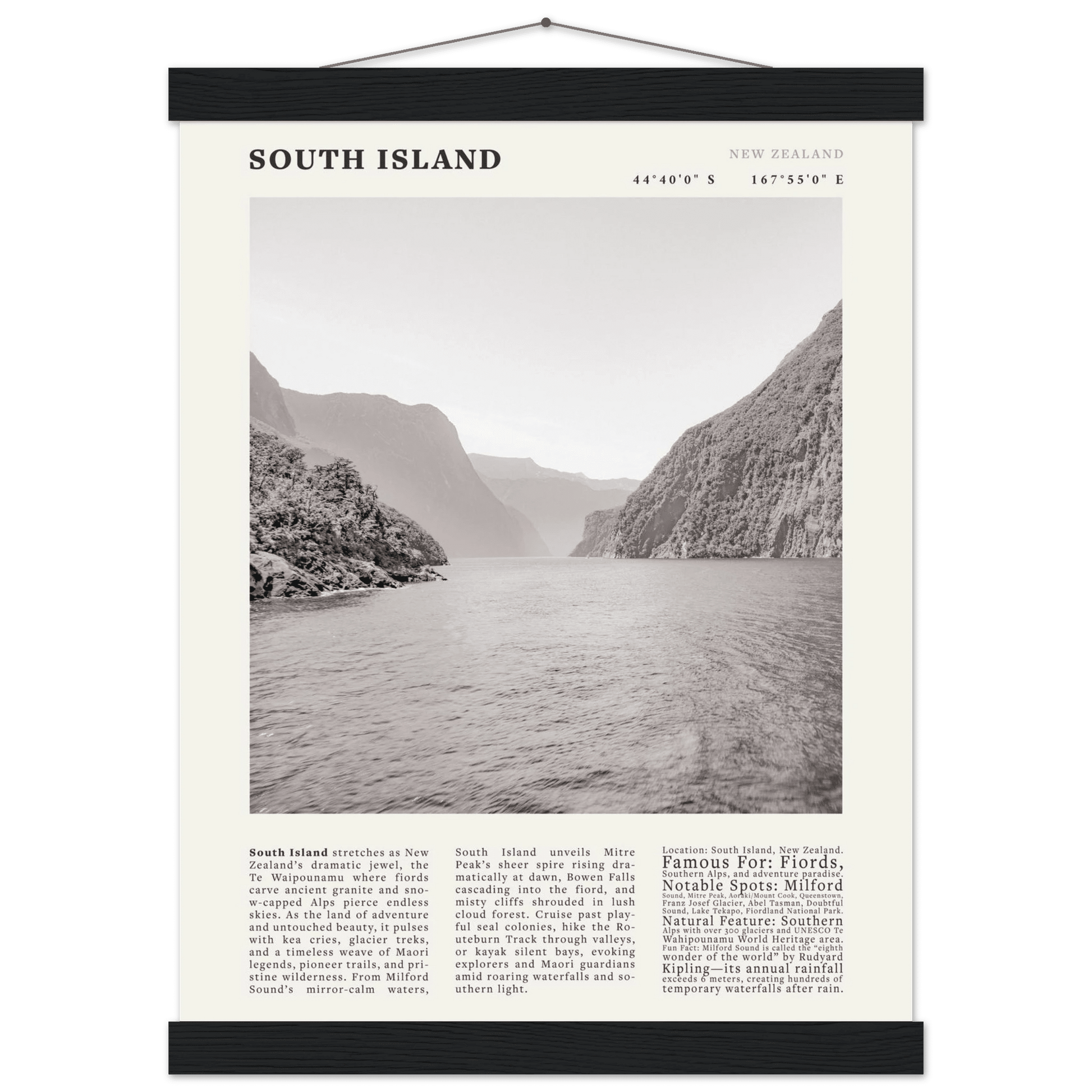 South Island New Zealand Poster Black and White – Vintage Milford Sound Fjord Print - Evergreen Posters