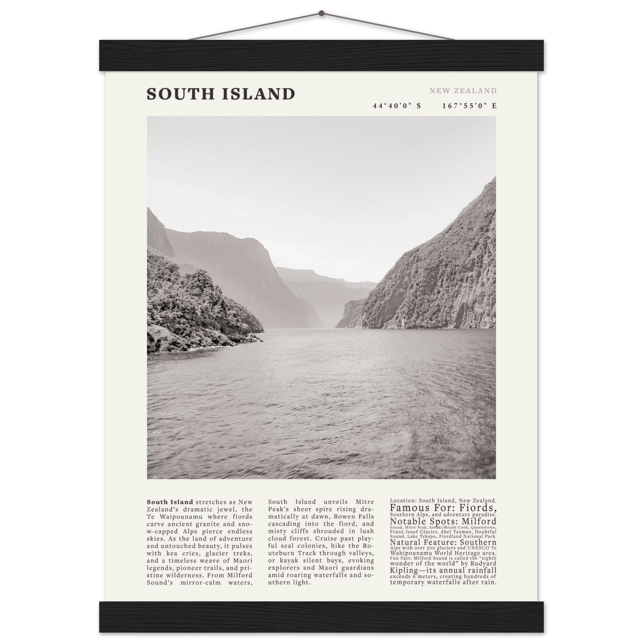 South Island New Zealand Poster Black and White – Vintage Milford Sound Fjord Print - Evergreen Posters