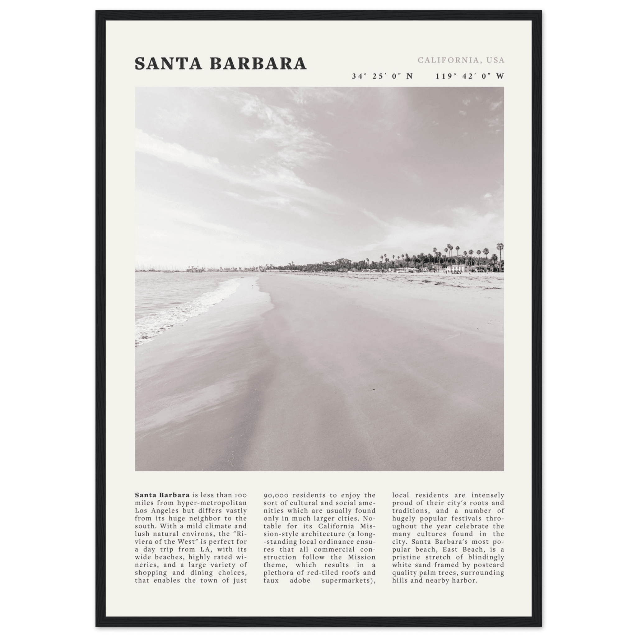 Santa Barbara Poster | Black & White California Beach Wall Art | CA Travel Print - Evergreen Posters