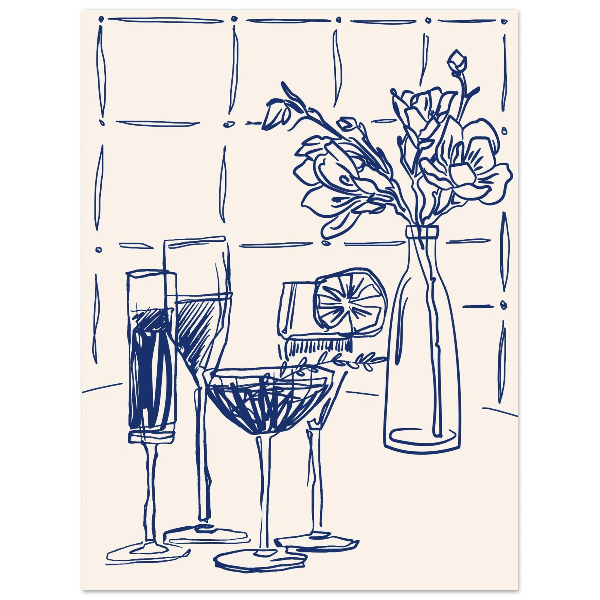 Cocktails & Flowers Print | Navy Blue Line Art Drinks Wall Art | Kitchen Bar Poster - Evergreen Posters
