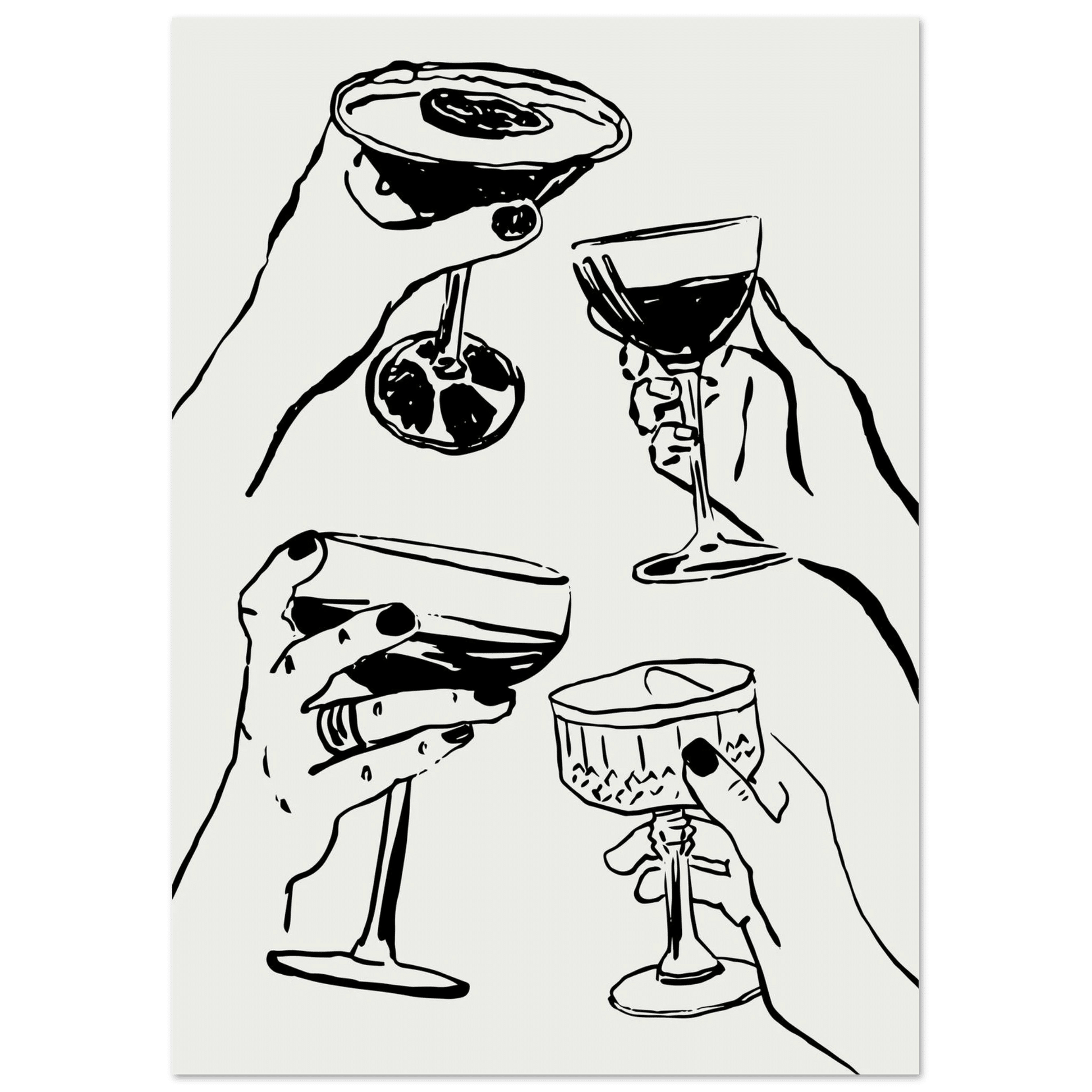 Cheers Print | Black Line Art Cocktail Glasses Wall Art | Kitchen Bar Poster - Evergreen Posters
